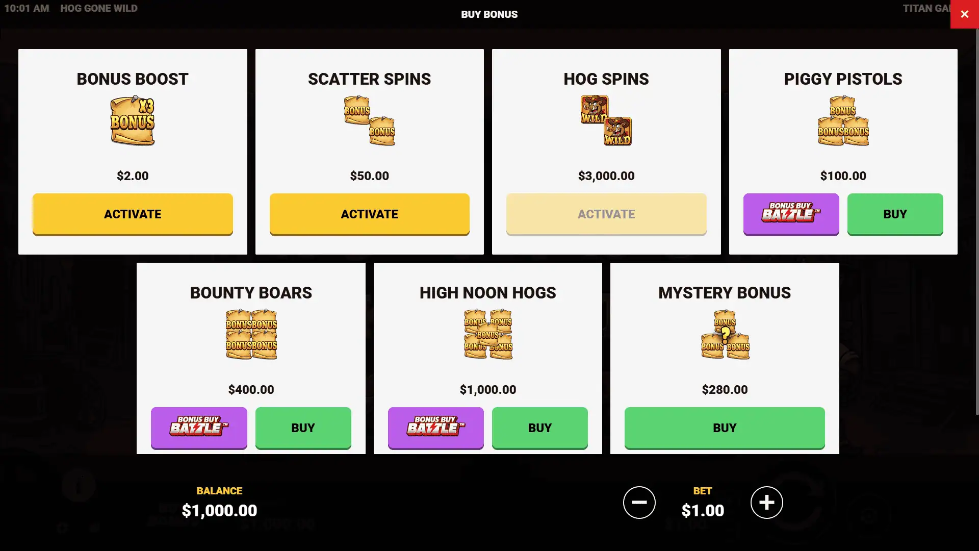 Hog Gone Wild bonus buy menu