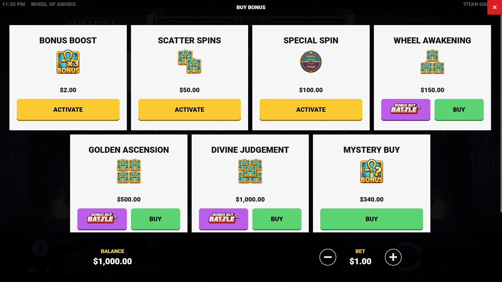 Wheel of Anubis bonus buy menu