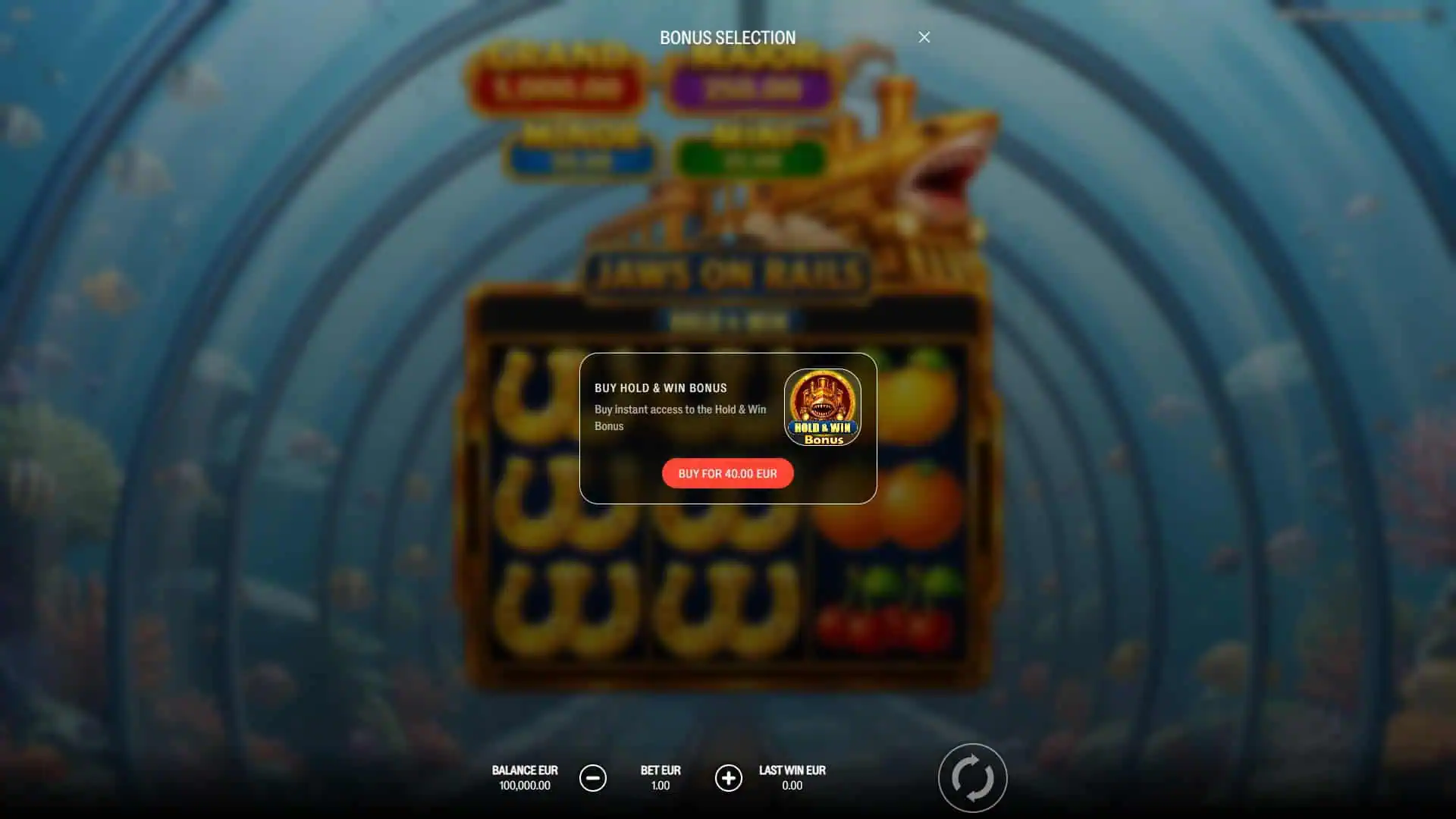 Jaws on Rails: Hold and Win bonus buy menu