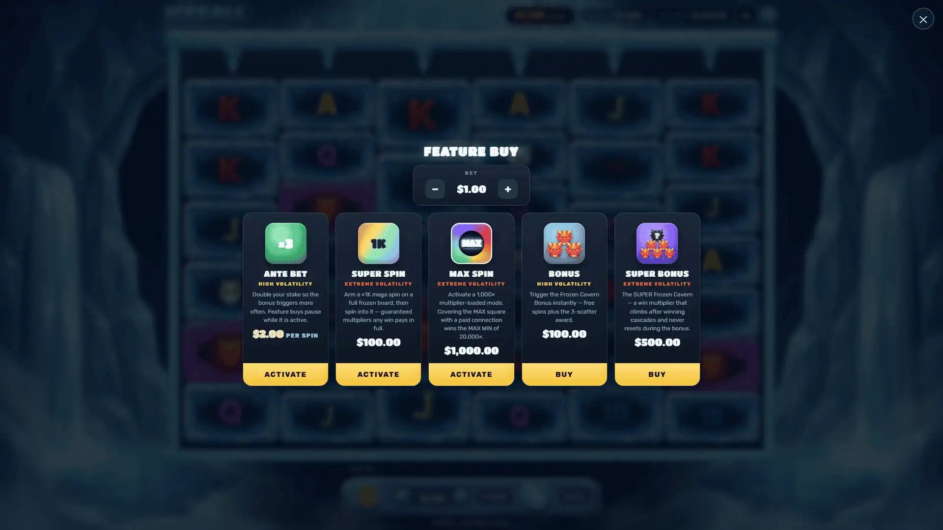 Icefall bonus buy menu