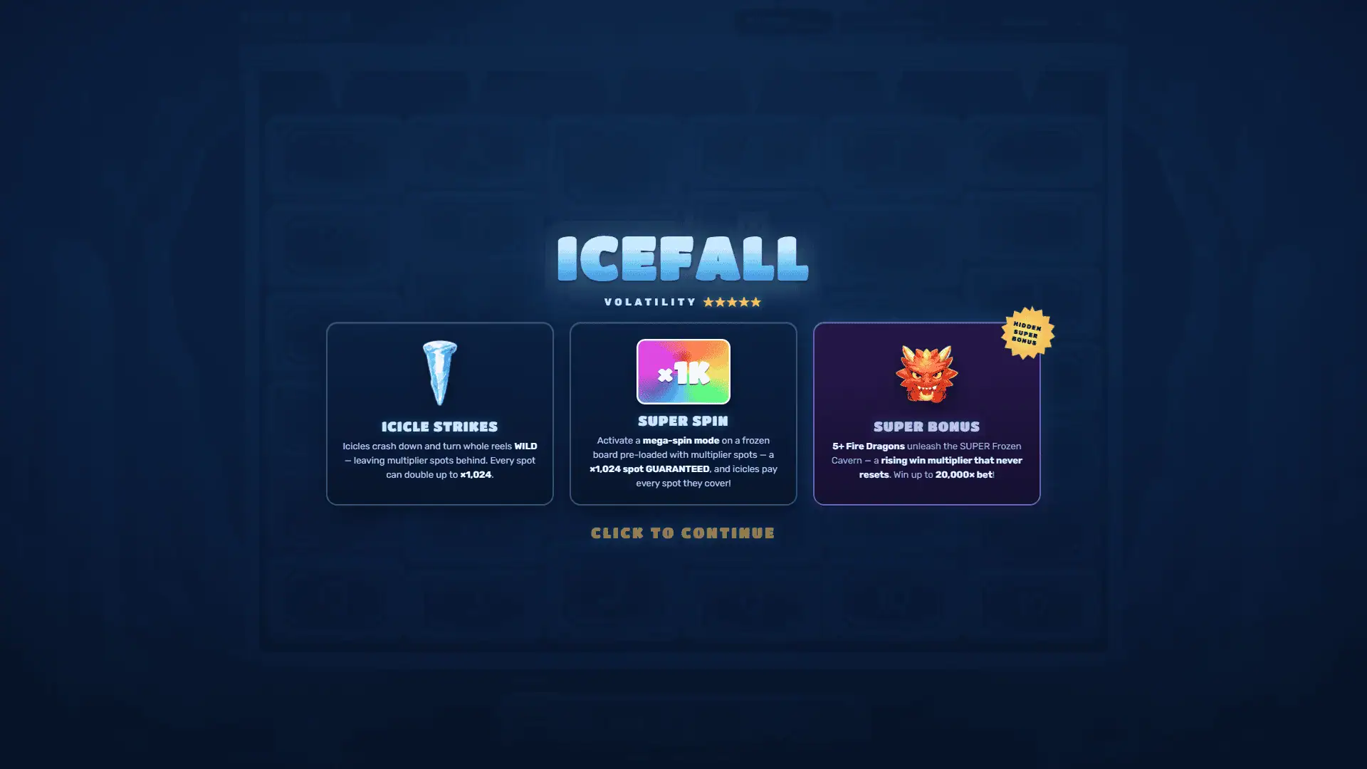 Icefall slot intro screen