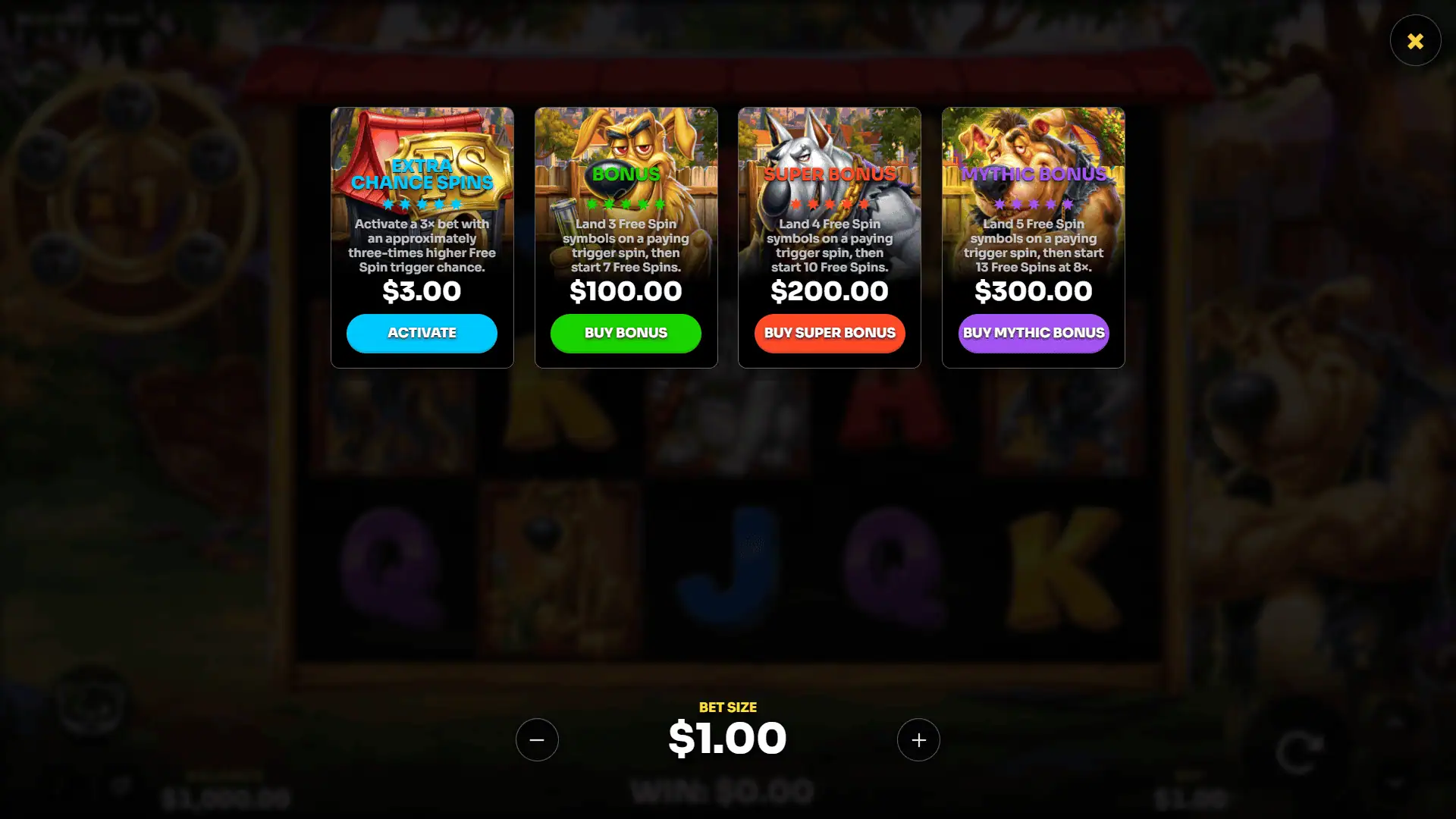 Silly Dog bonus buy menu