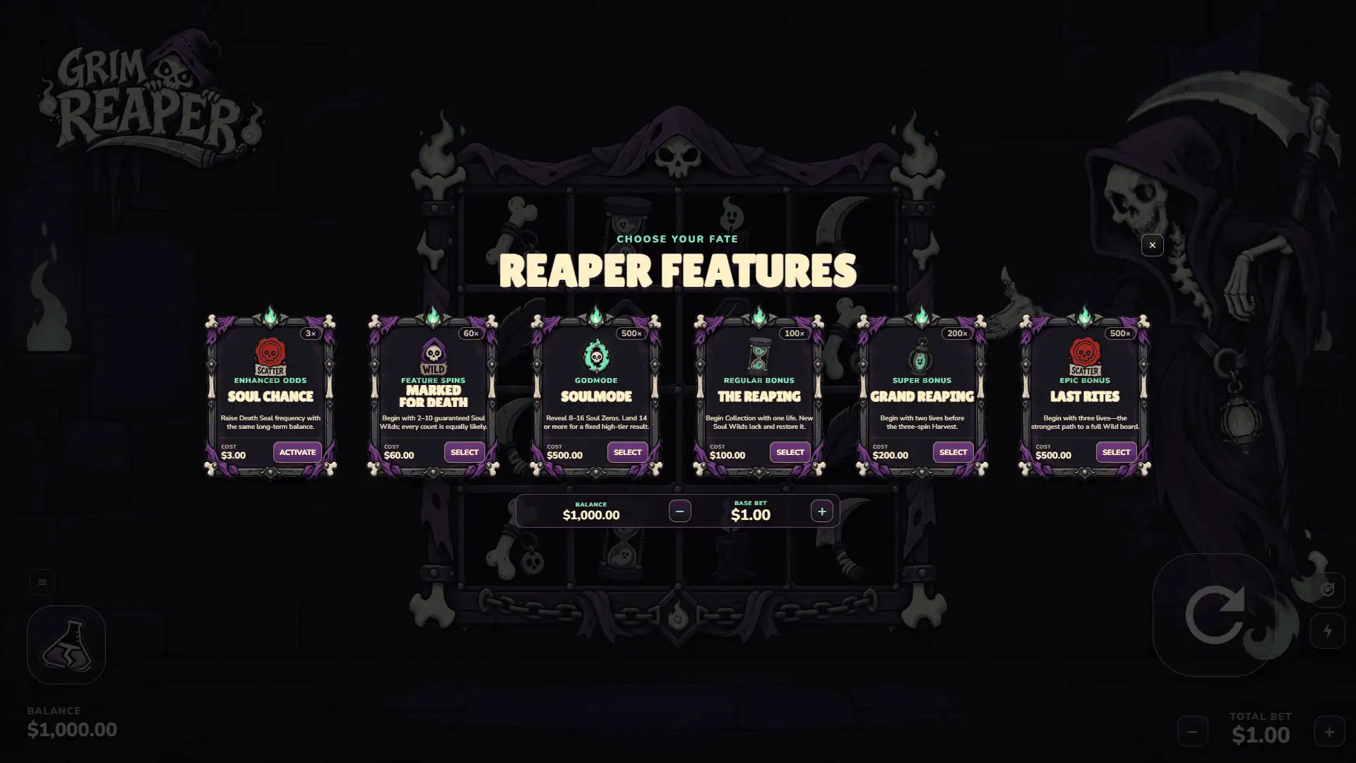 Grim Reaper bonus buy menu