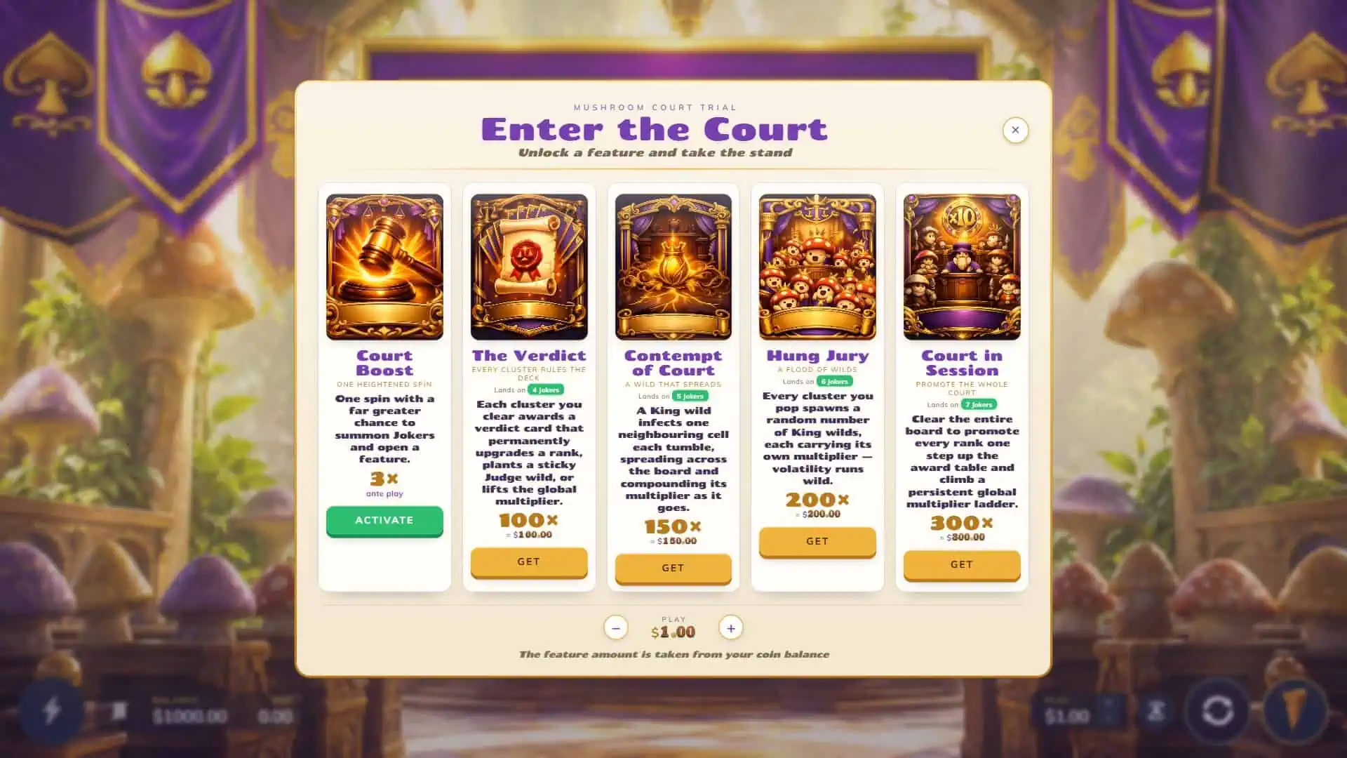 Mushroom Trial Court bonus buy menu