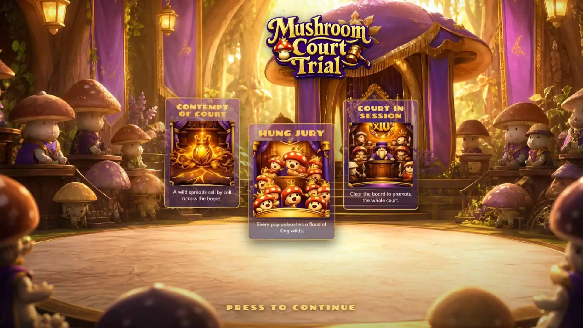 Mushroom Trial Court slot intro screen