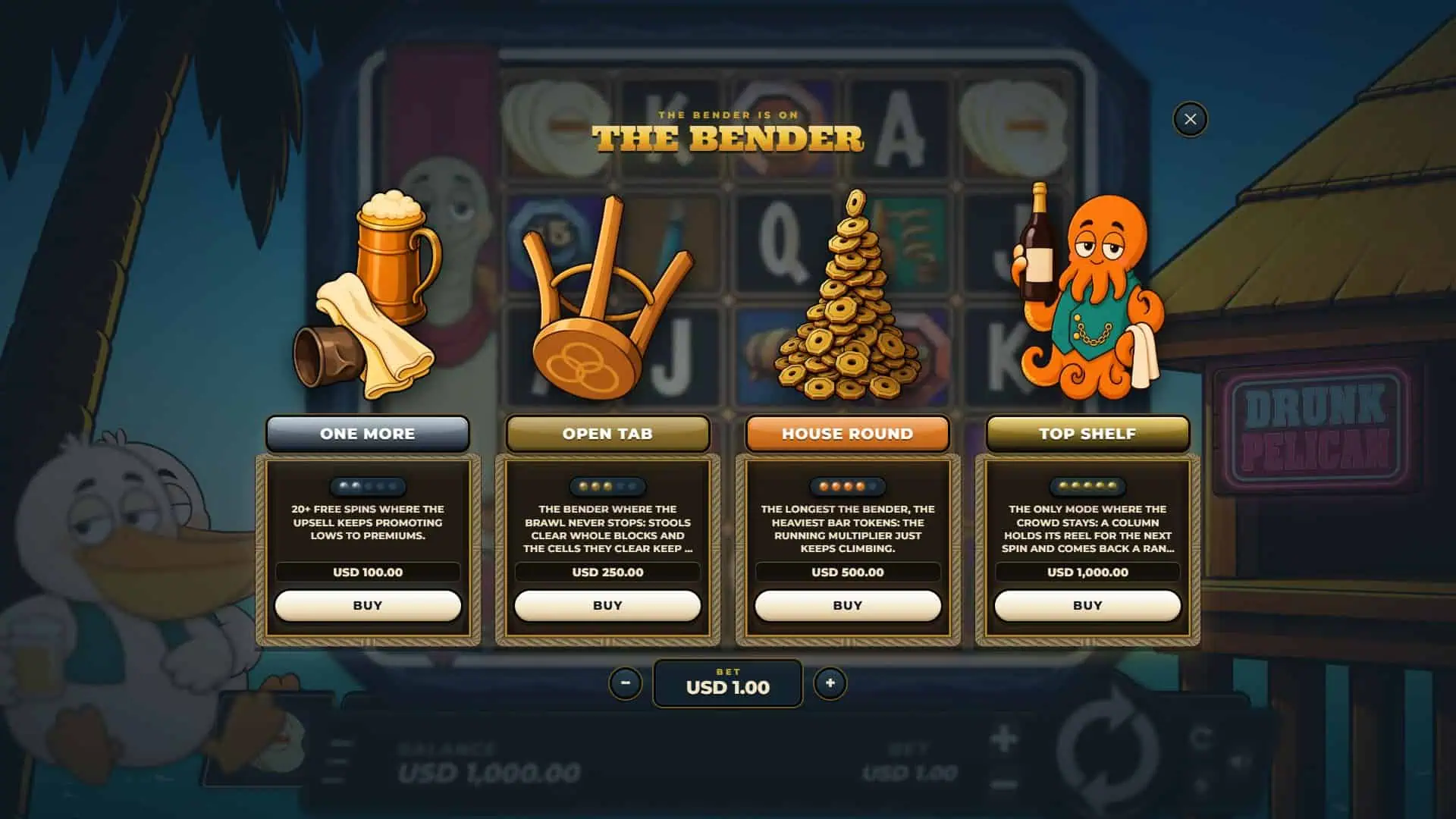 Drunk Pelican bonus buy menu