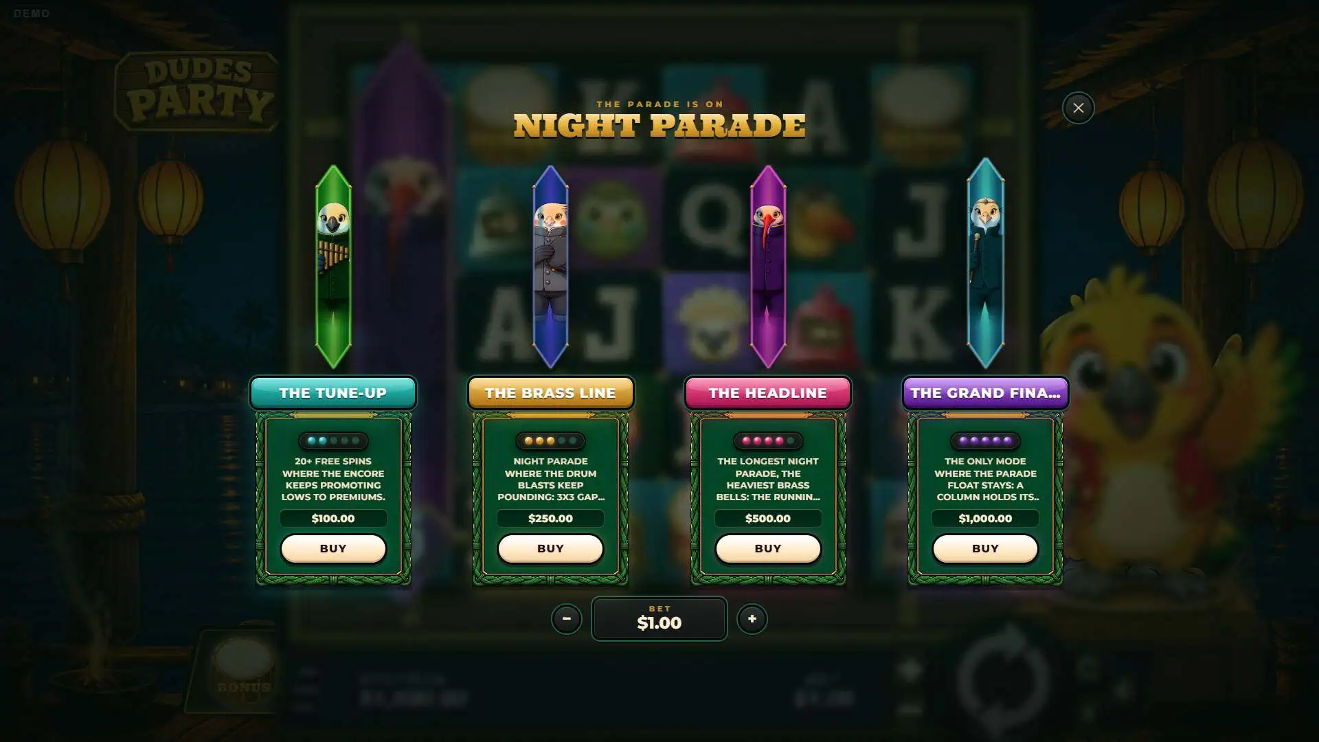 Dudes Party bonus buy menu