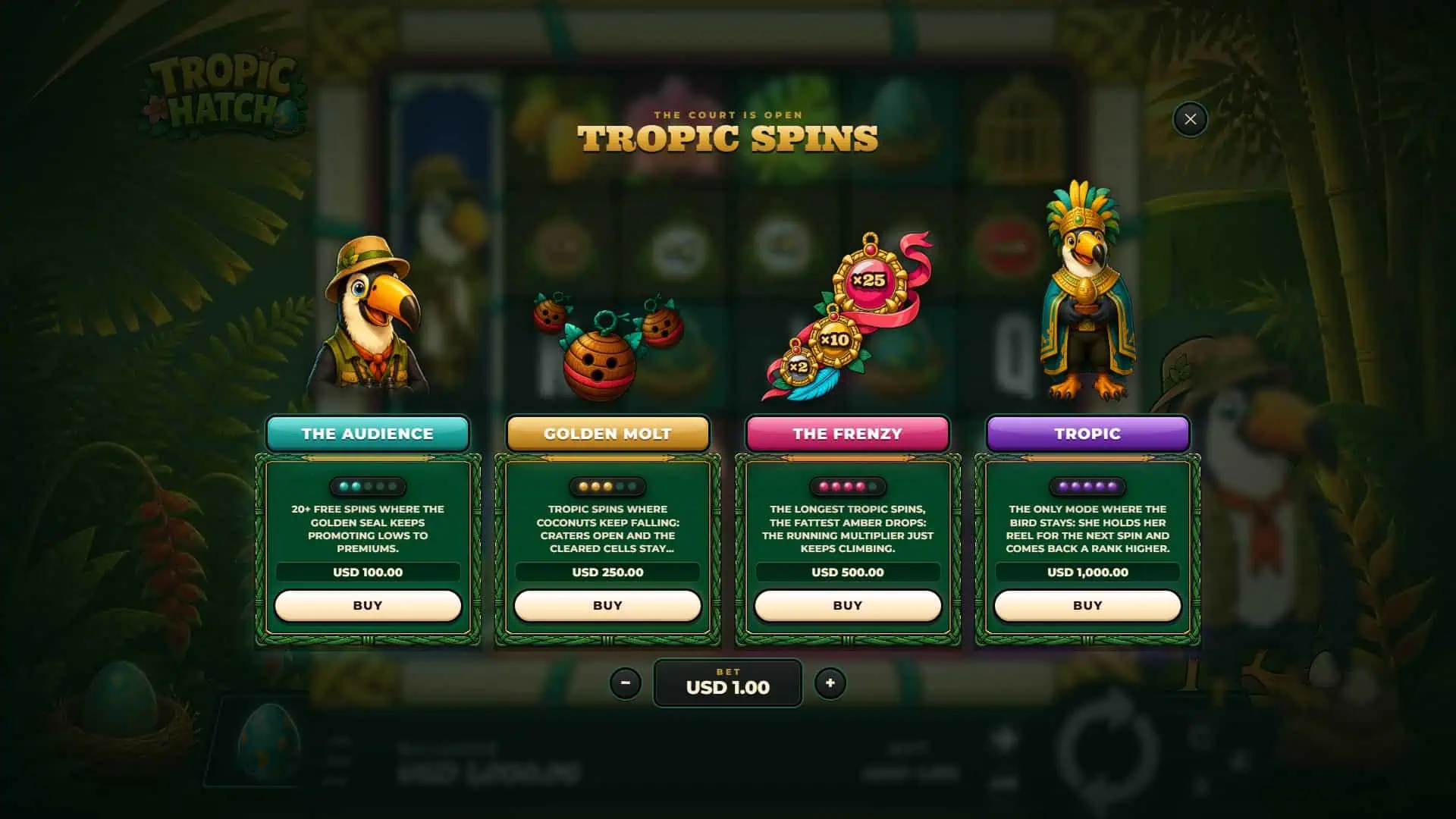 Tropic Hatch bonus buy menu