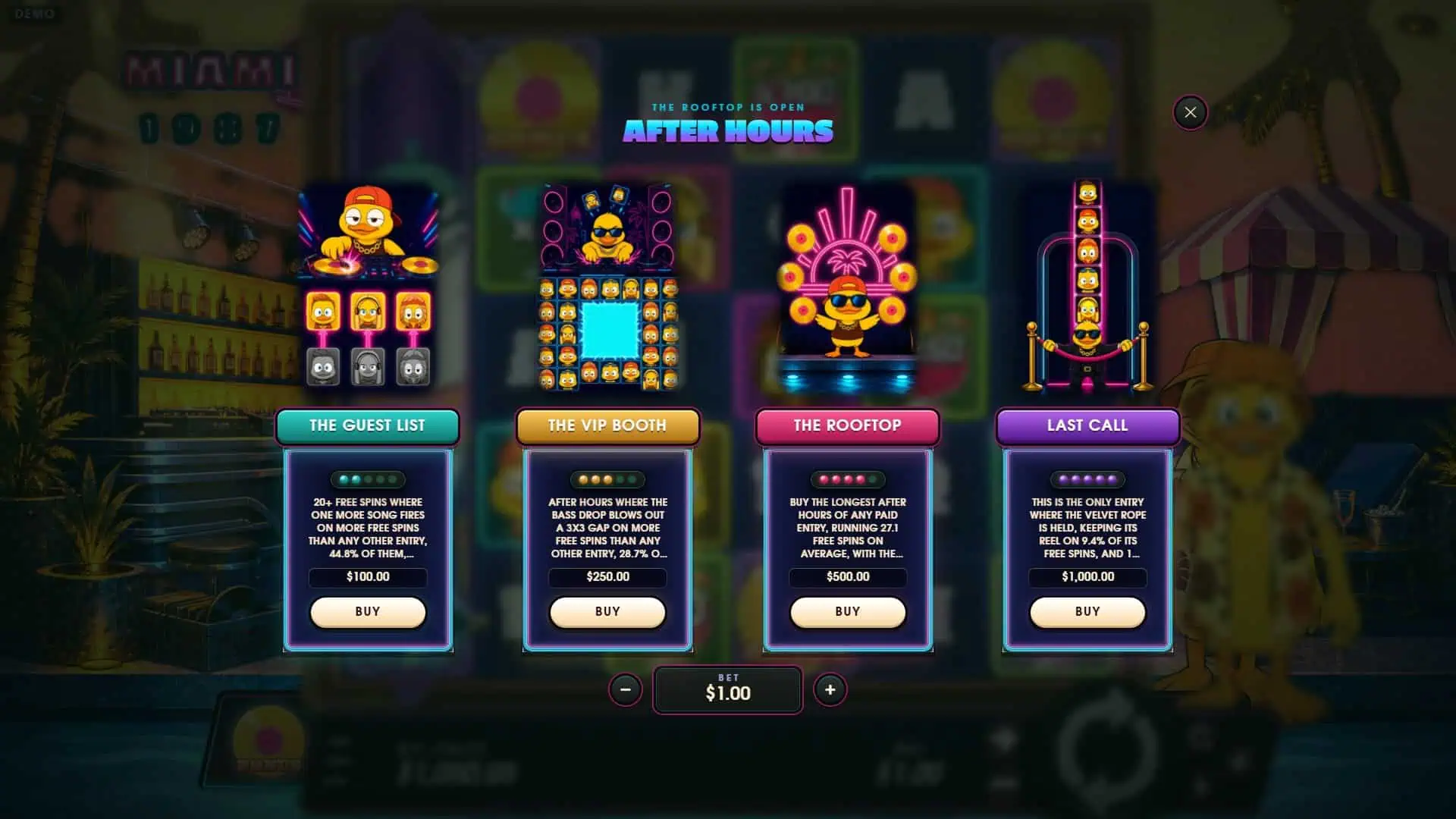 Miami 1987 bonus buy menu