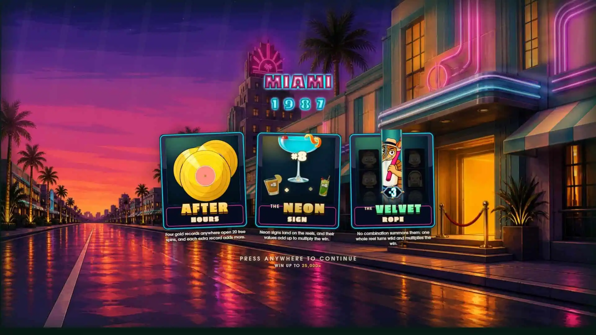 Miami 1987 slot intro screen
