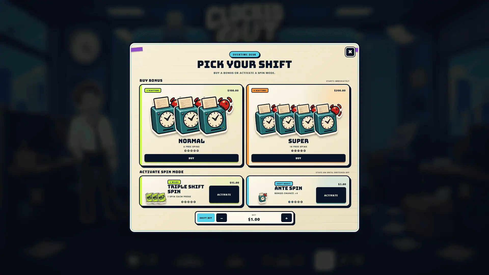 Clocked Out bonus buy menu