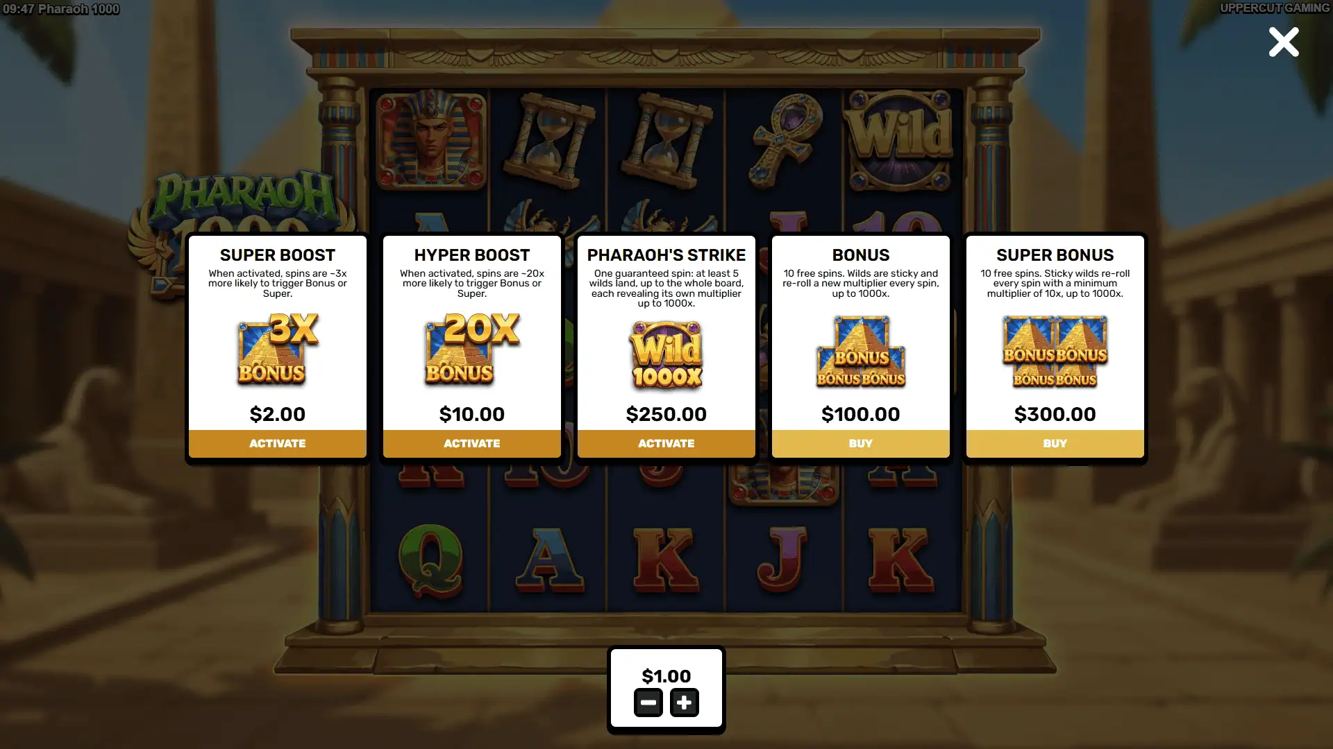Pharaoh 1000 bonus buy menu