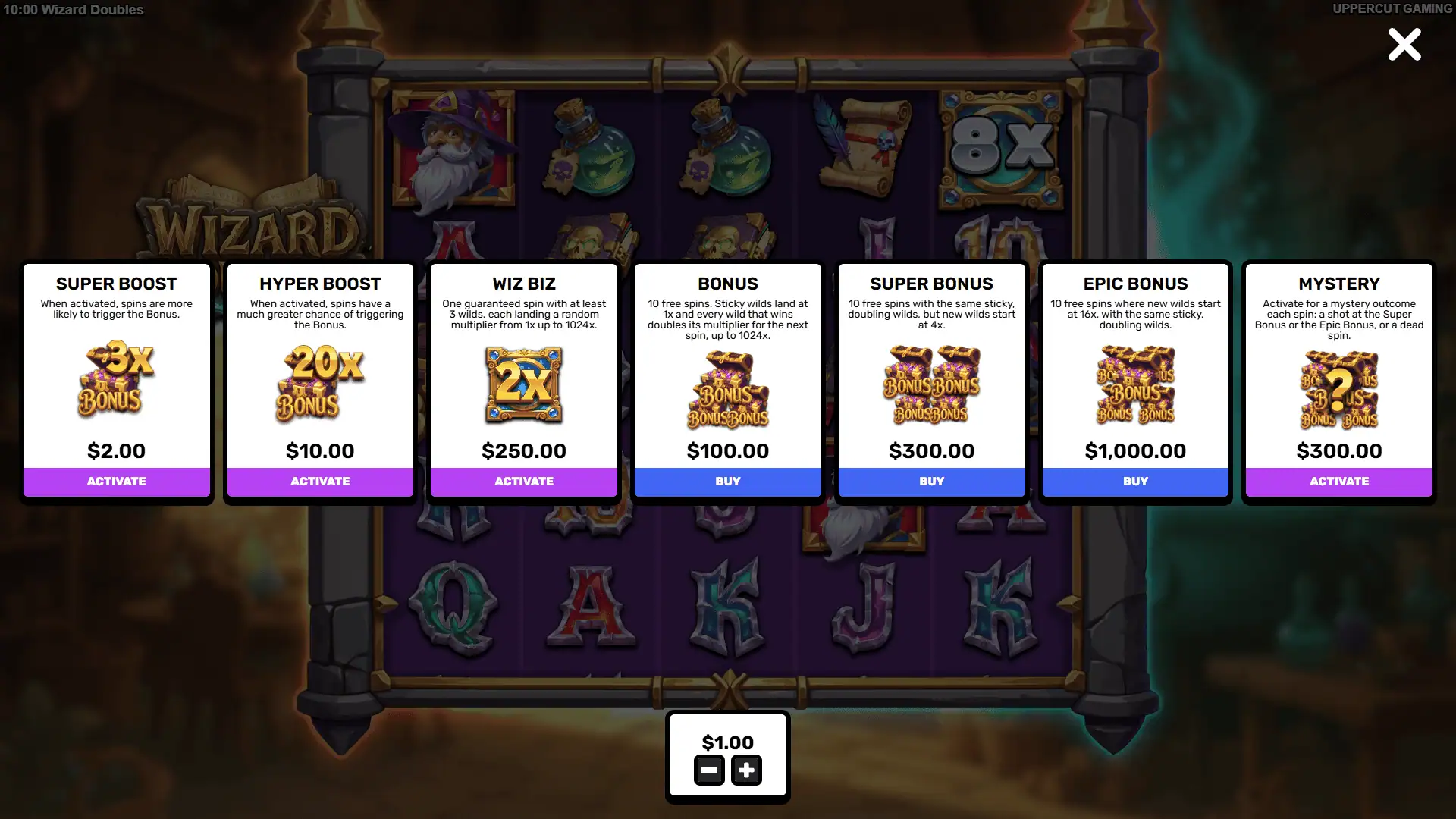 Wizard Doubles bonus buy menu