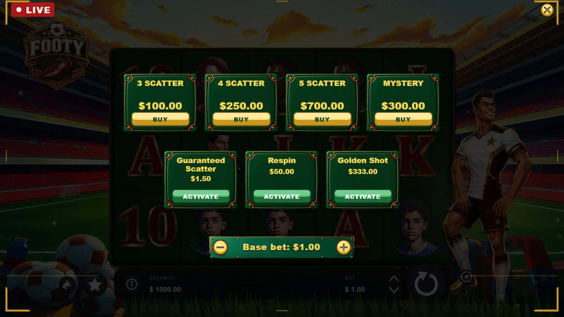 Footy bonus buy menu