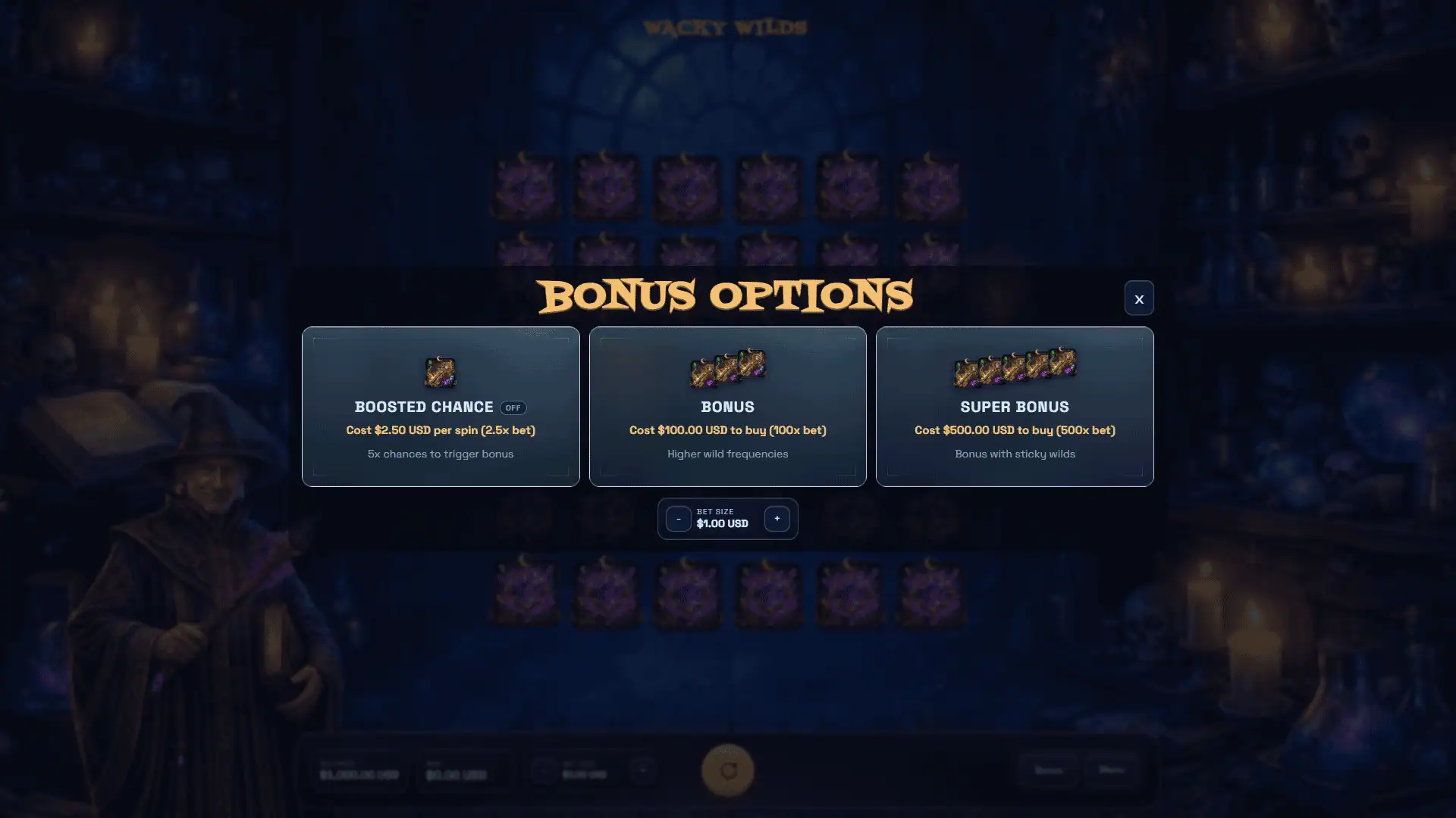 Wacky Wilds bonus buy menu