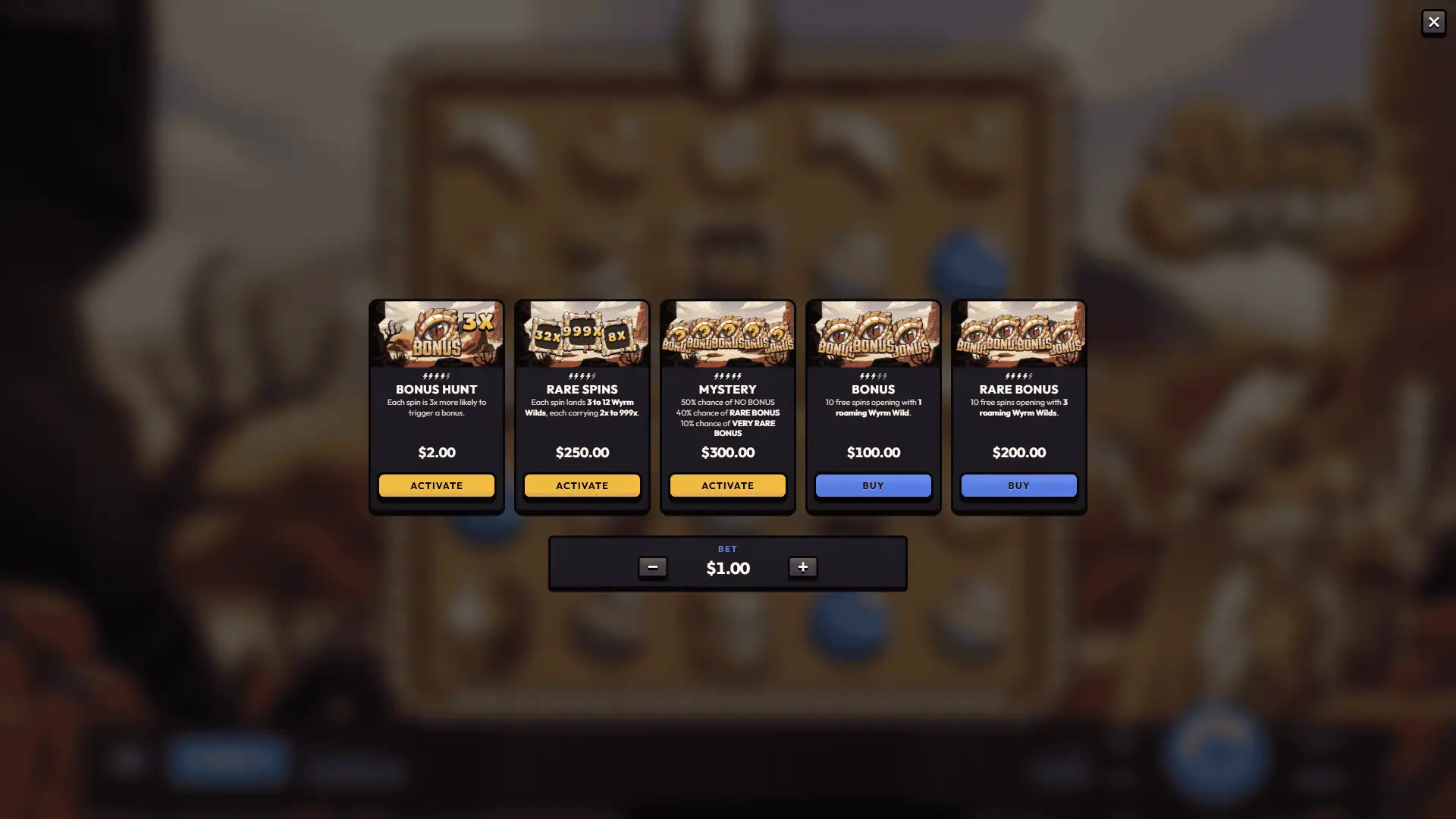 Sand Wyrm bonus buy menu