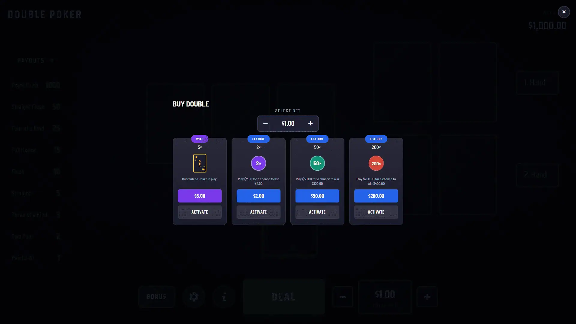 Double Poker bonus buy menu