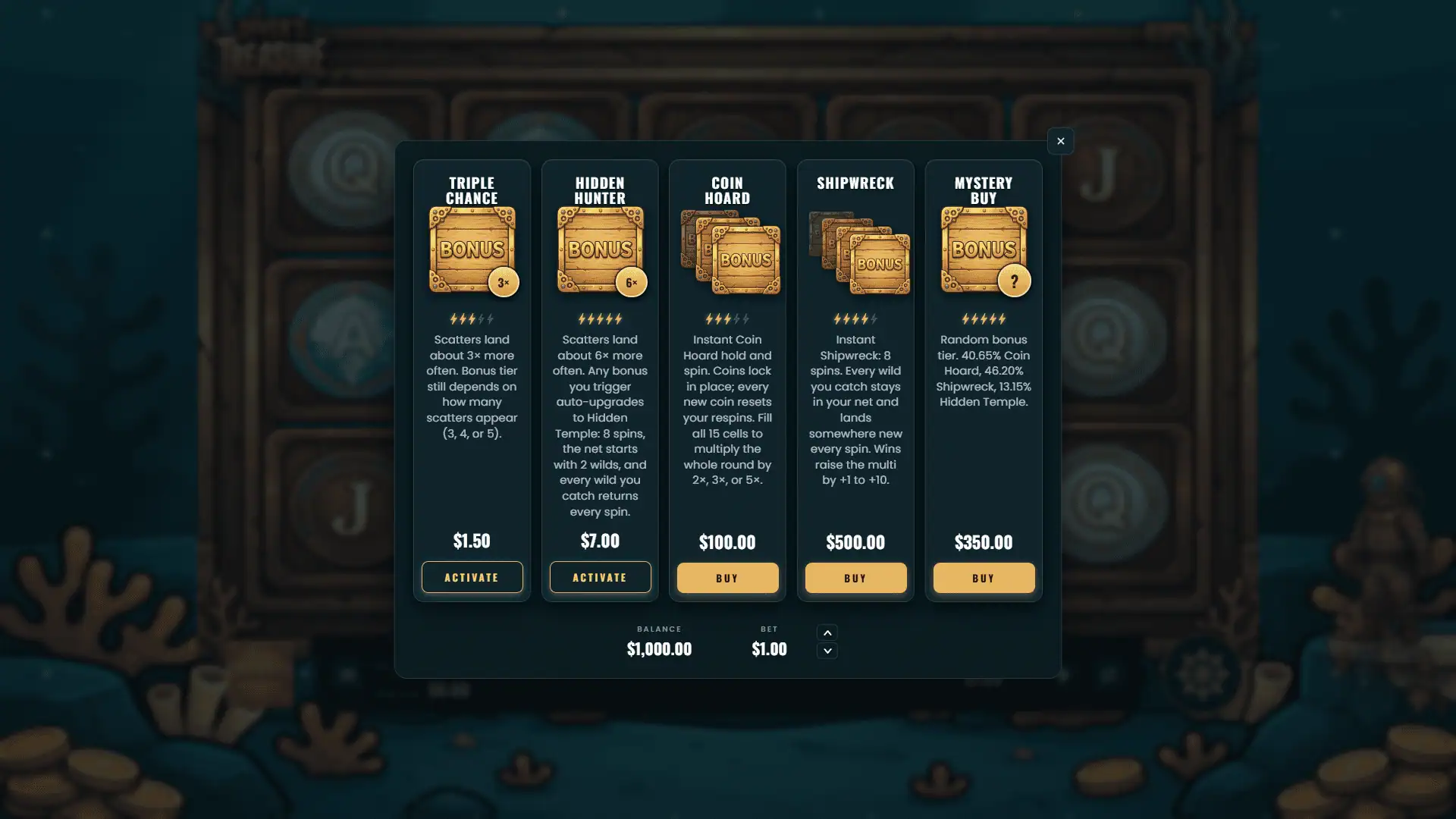 Divers Treasure bonus buy menu