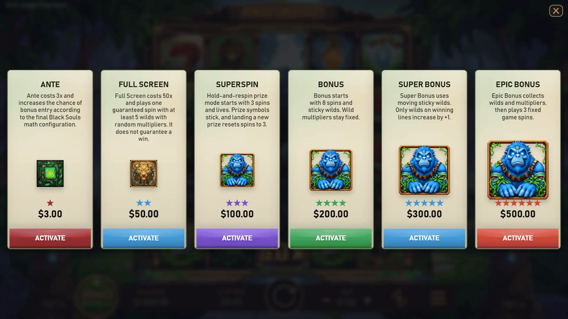 Jungle Treasures bonus buy menu