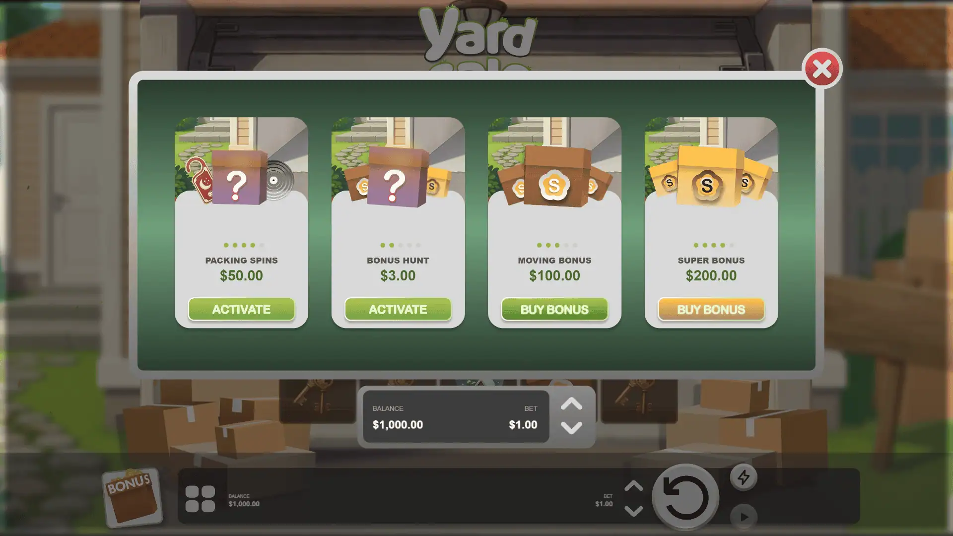 Yard Sale bonus buy menu