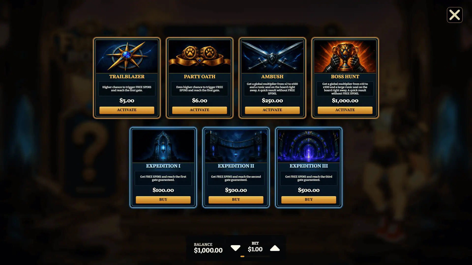 Furry Road Cluster Pays bonus buy menu