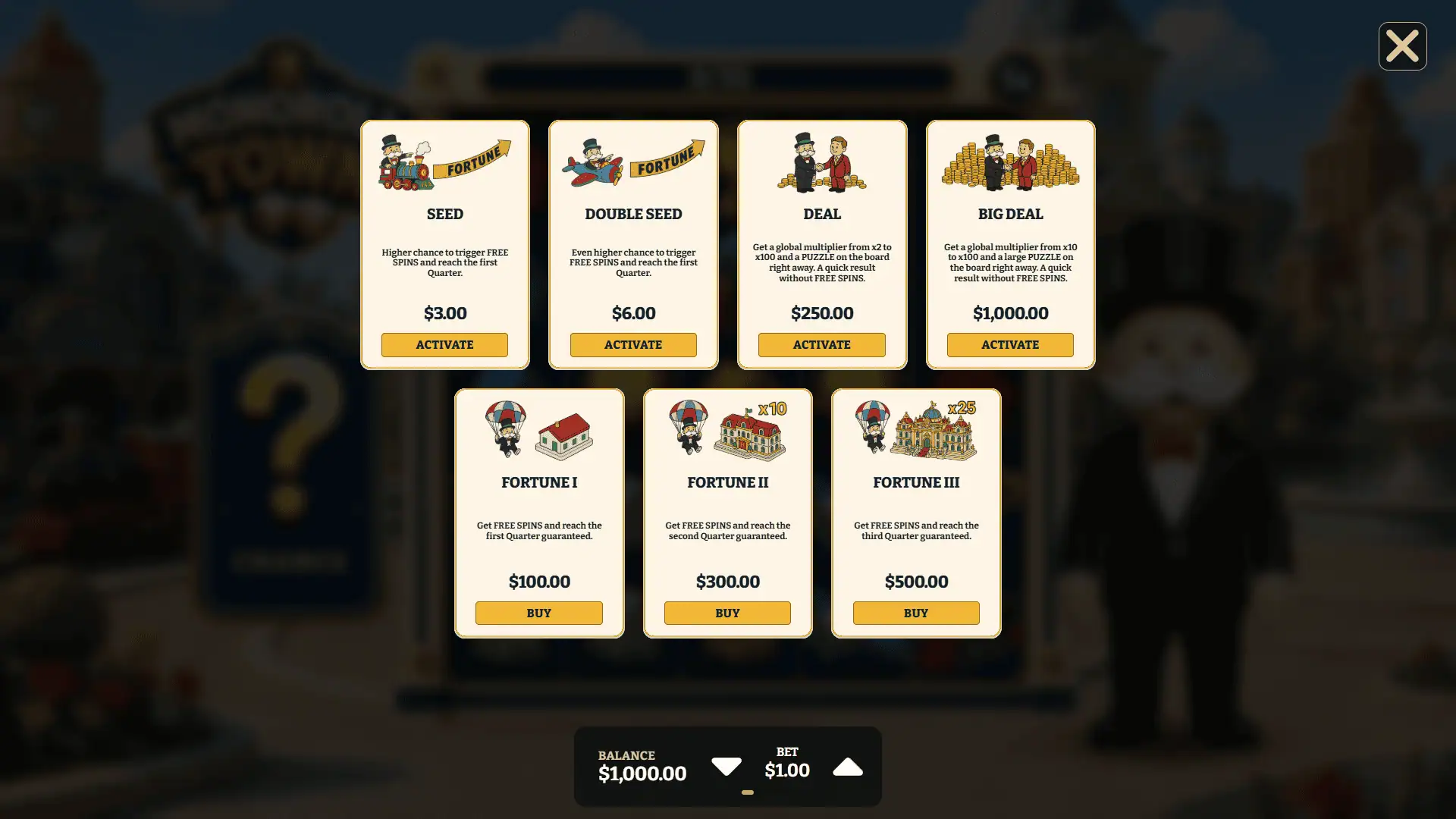 Monoroll Town bonus buy menu