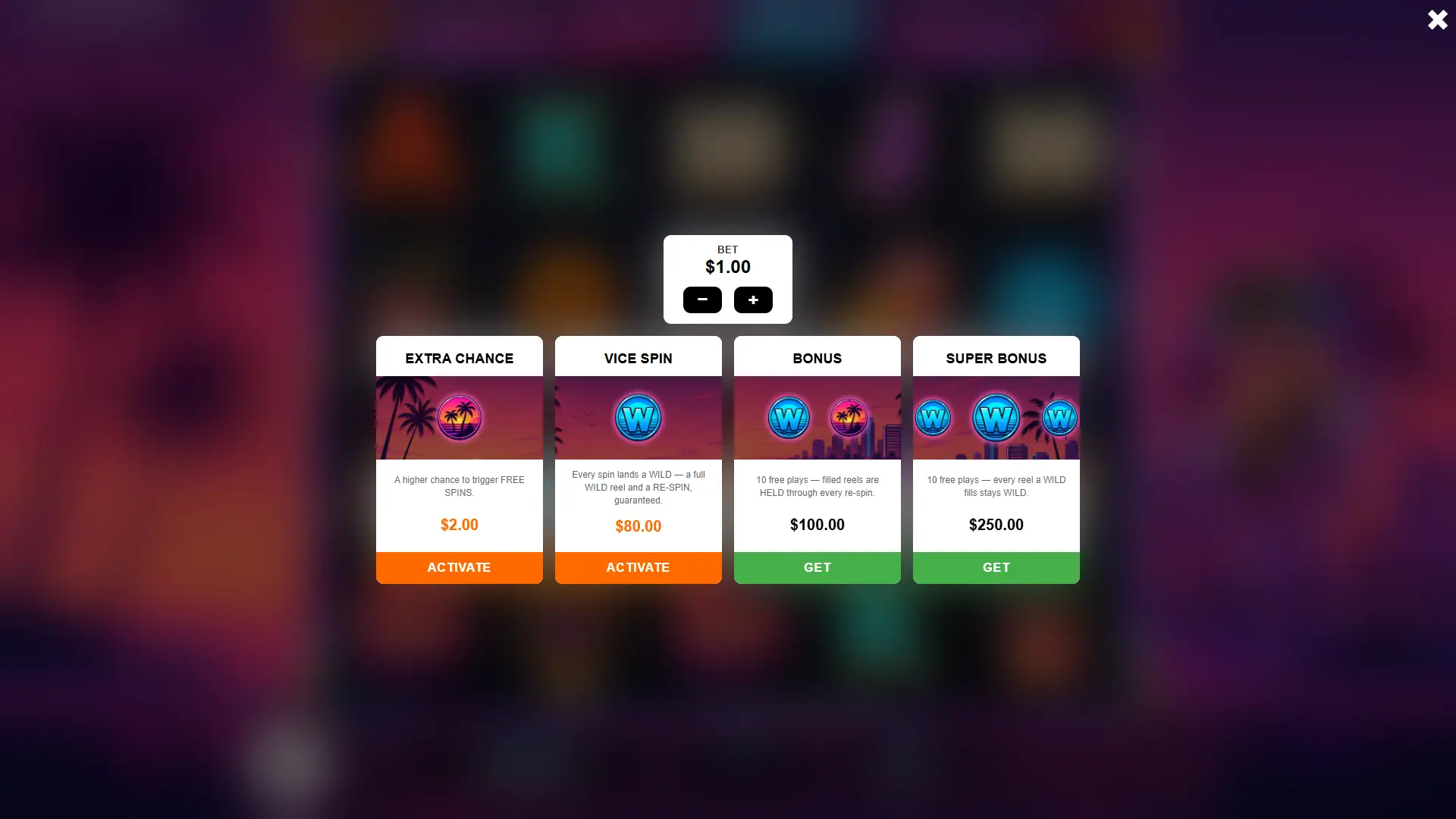 Wild Vice bonus buy menu