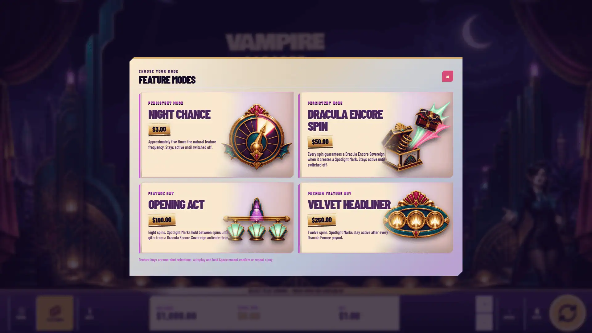 Vampire Cabaret bonus buy menu
