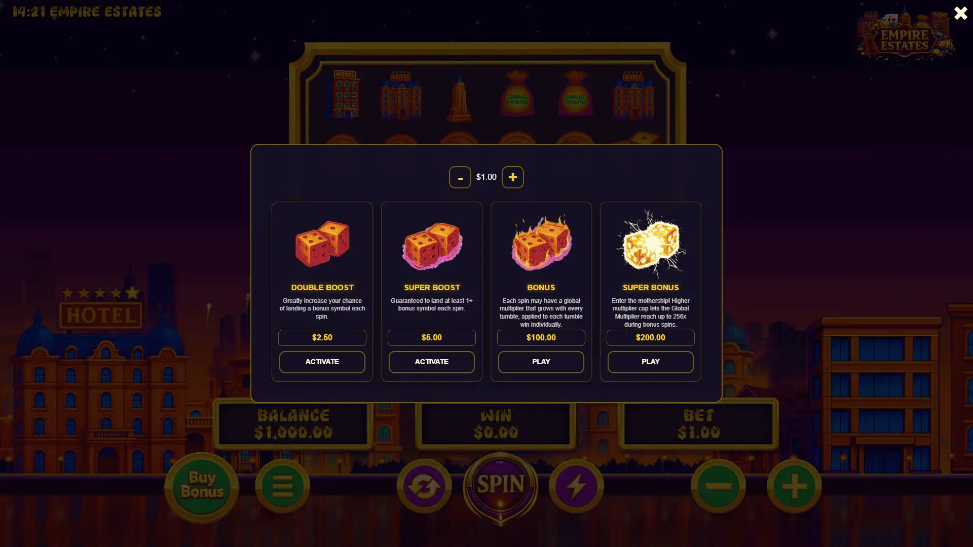 Empire Estates bonus buy menu