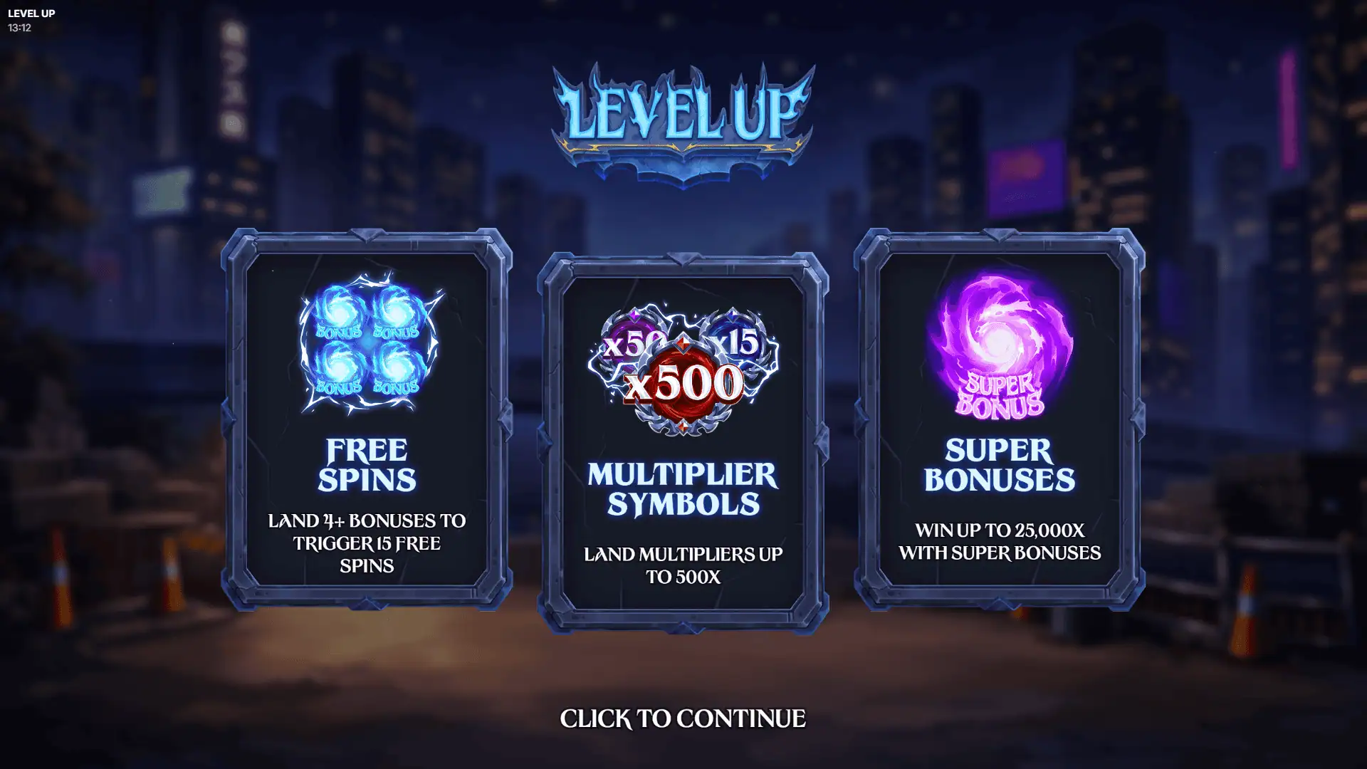 Level Up slot intro screen