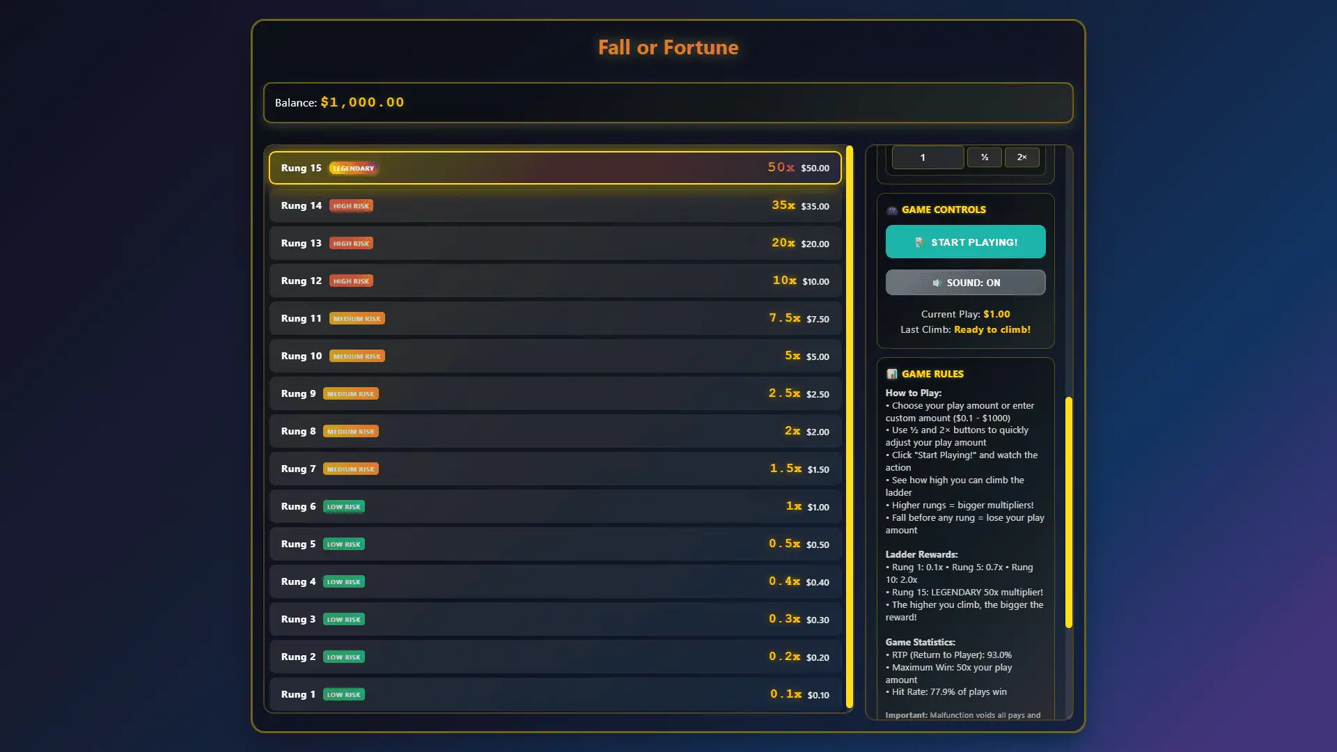 Fall or Fortune bonus buy menu