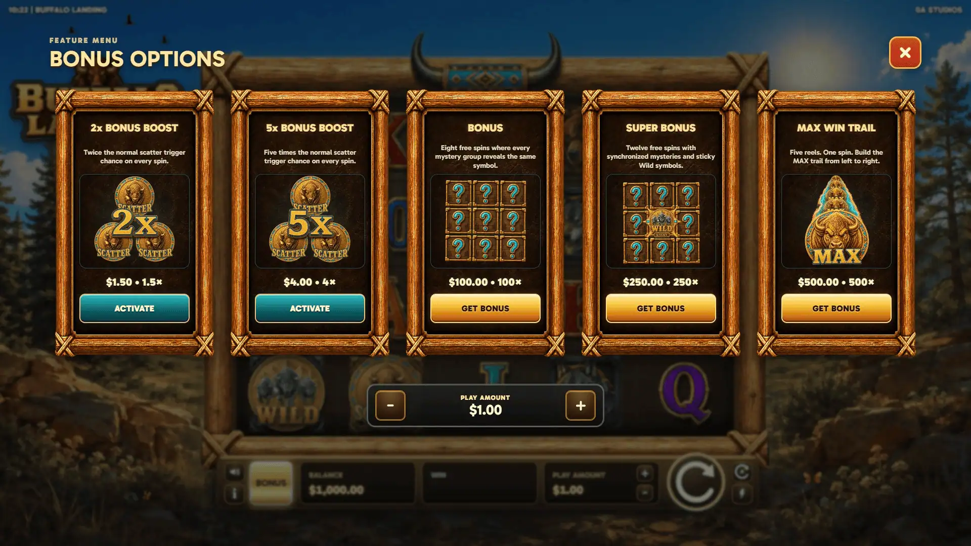 Buffalo Landing bonus buy menu