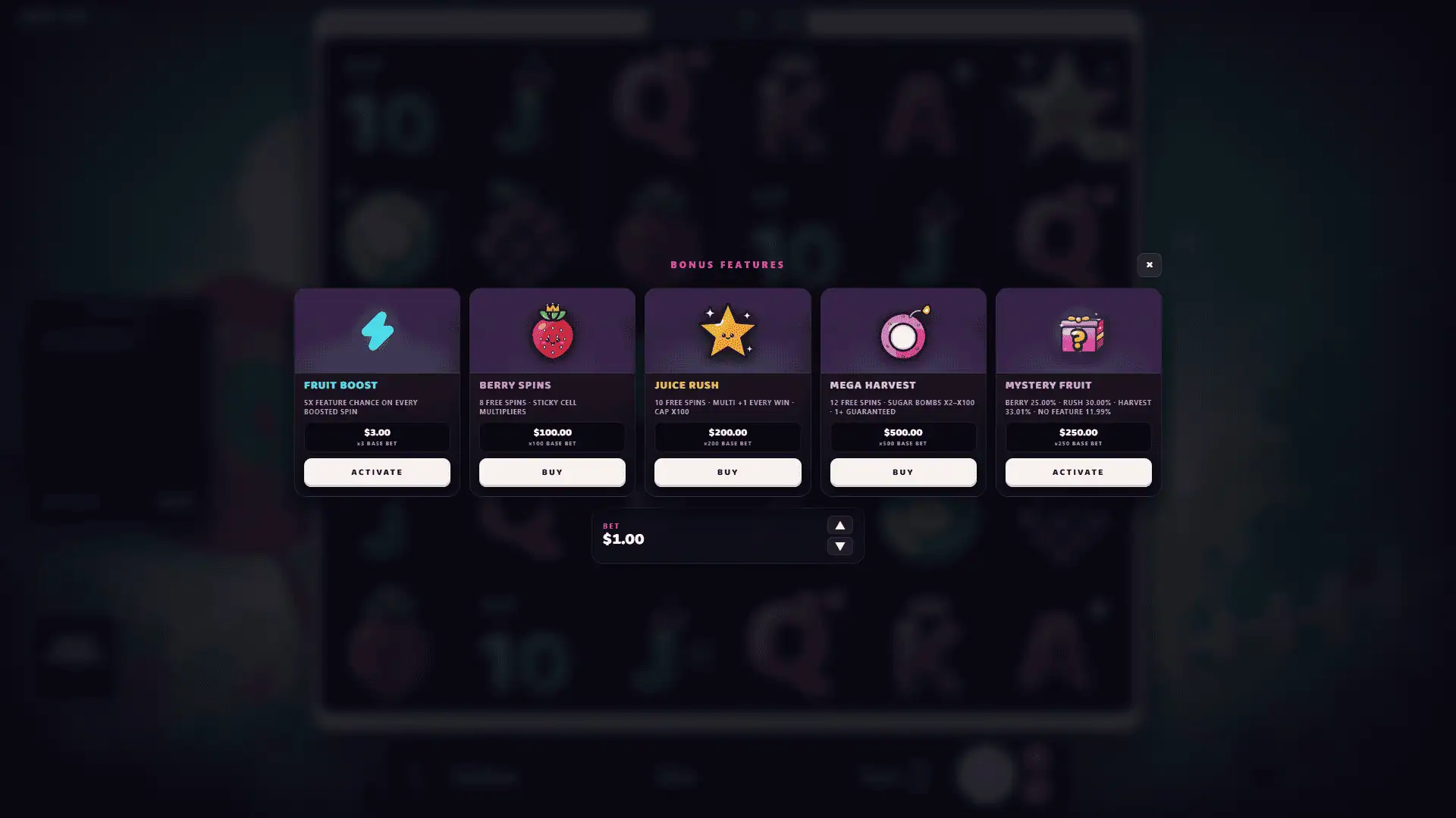 Fruit Pop bonus buy menu
