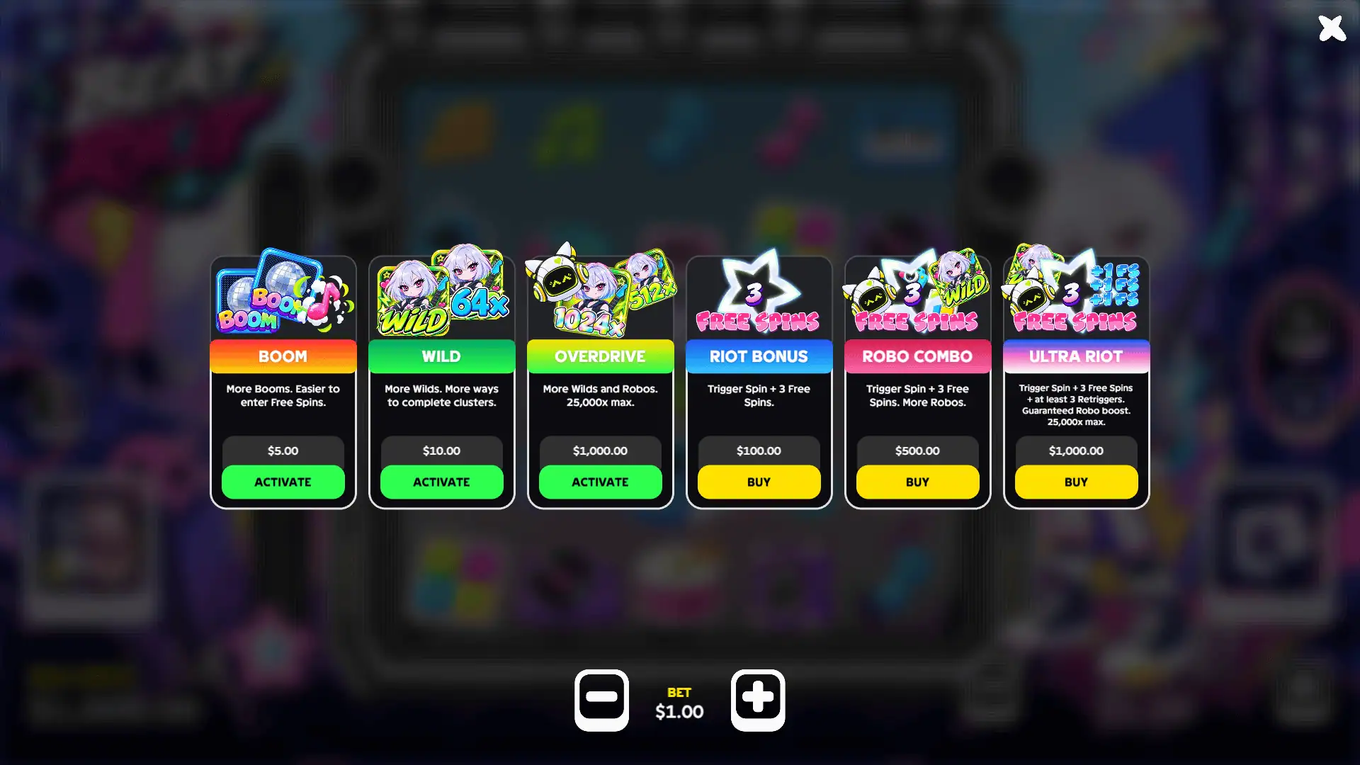 Beat Riot bonus buy menu