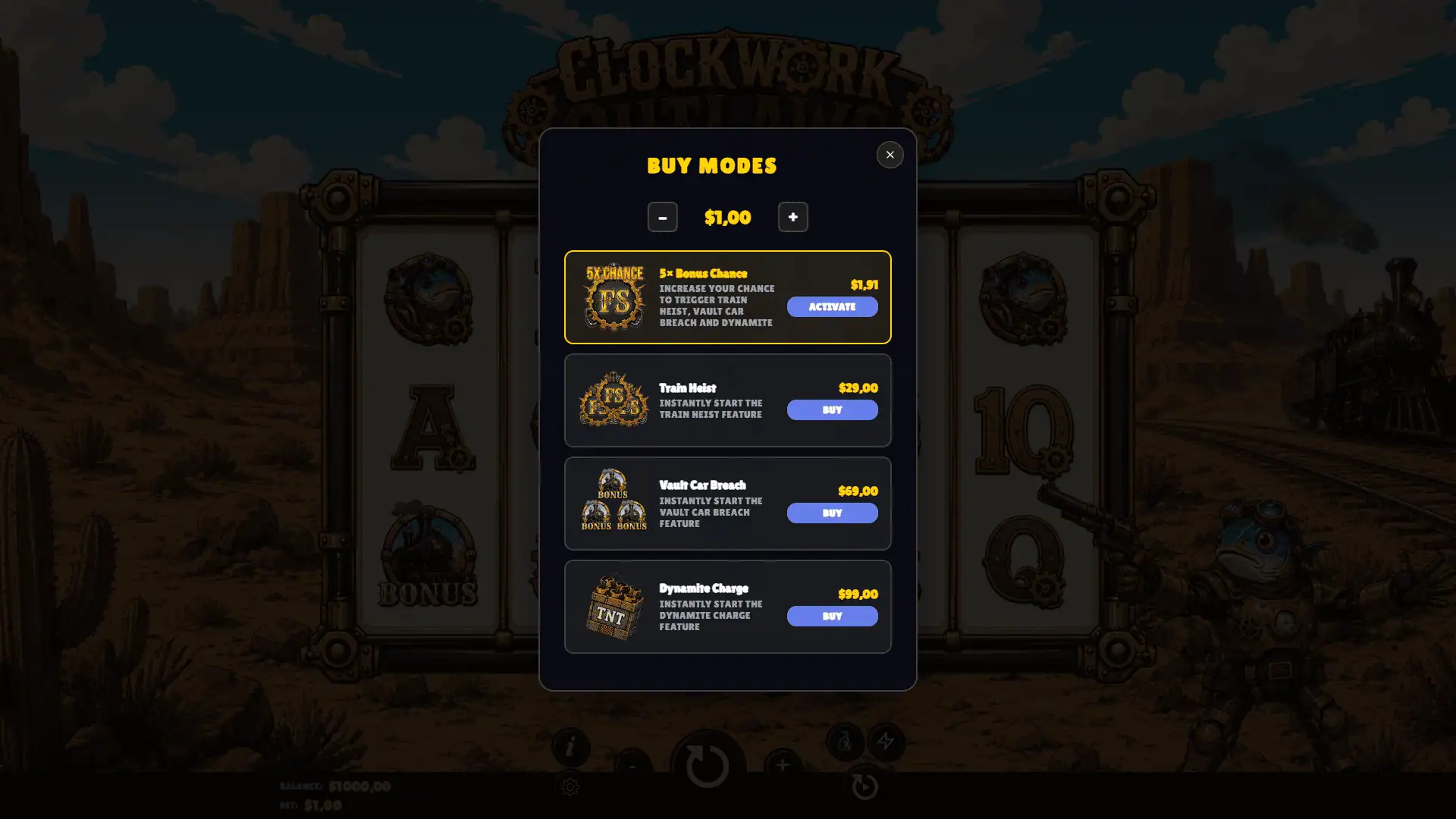 Clockwork Outlaws bonus buy menu