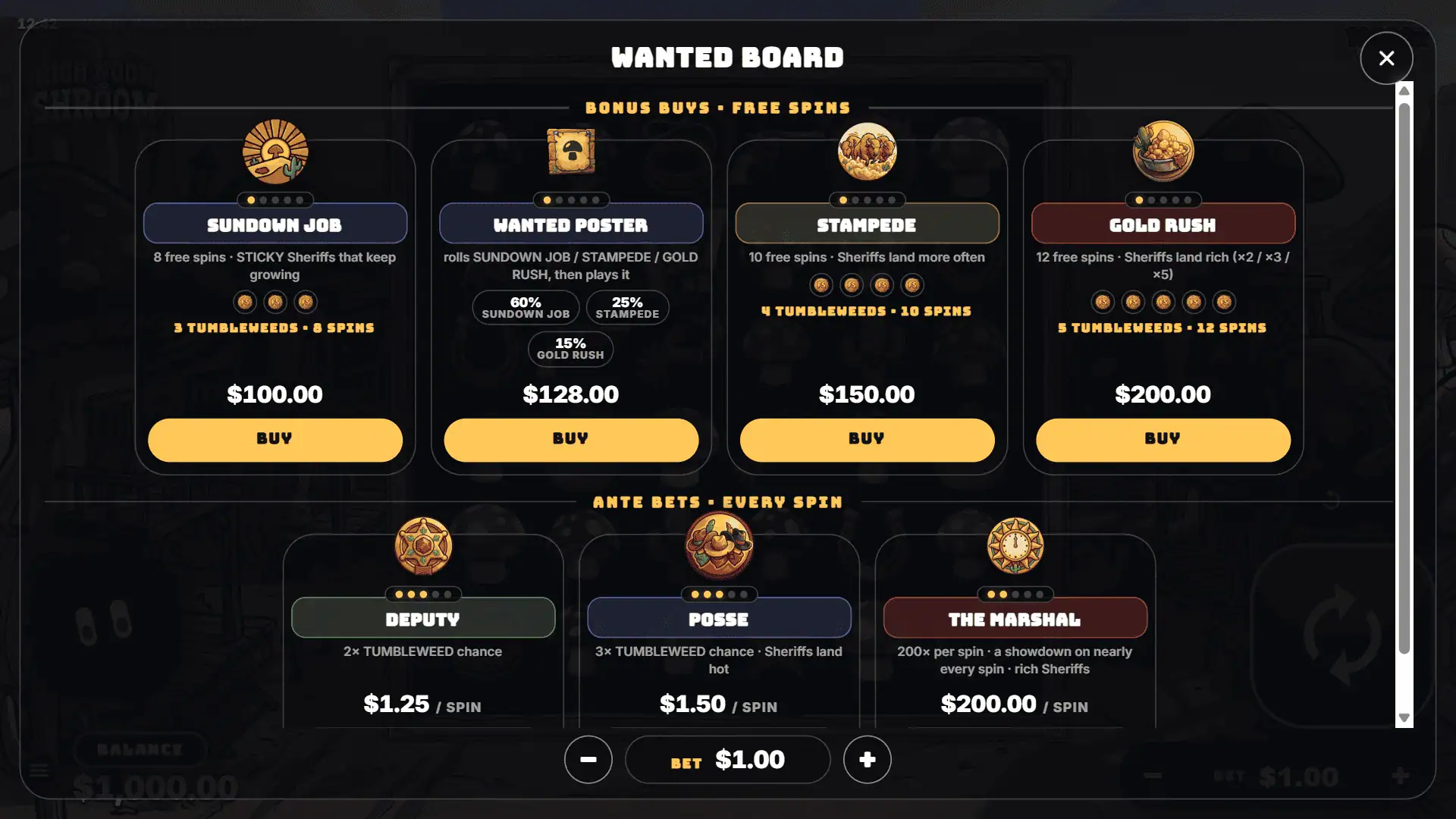 High Noon Shroom bonus buy menu
