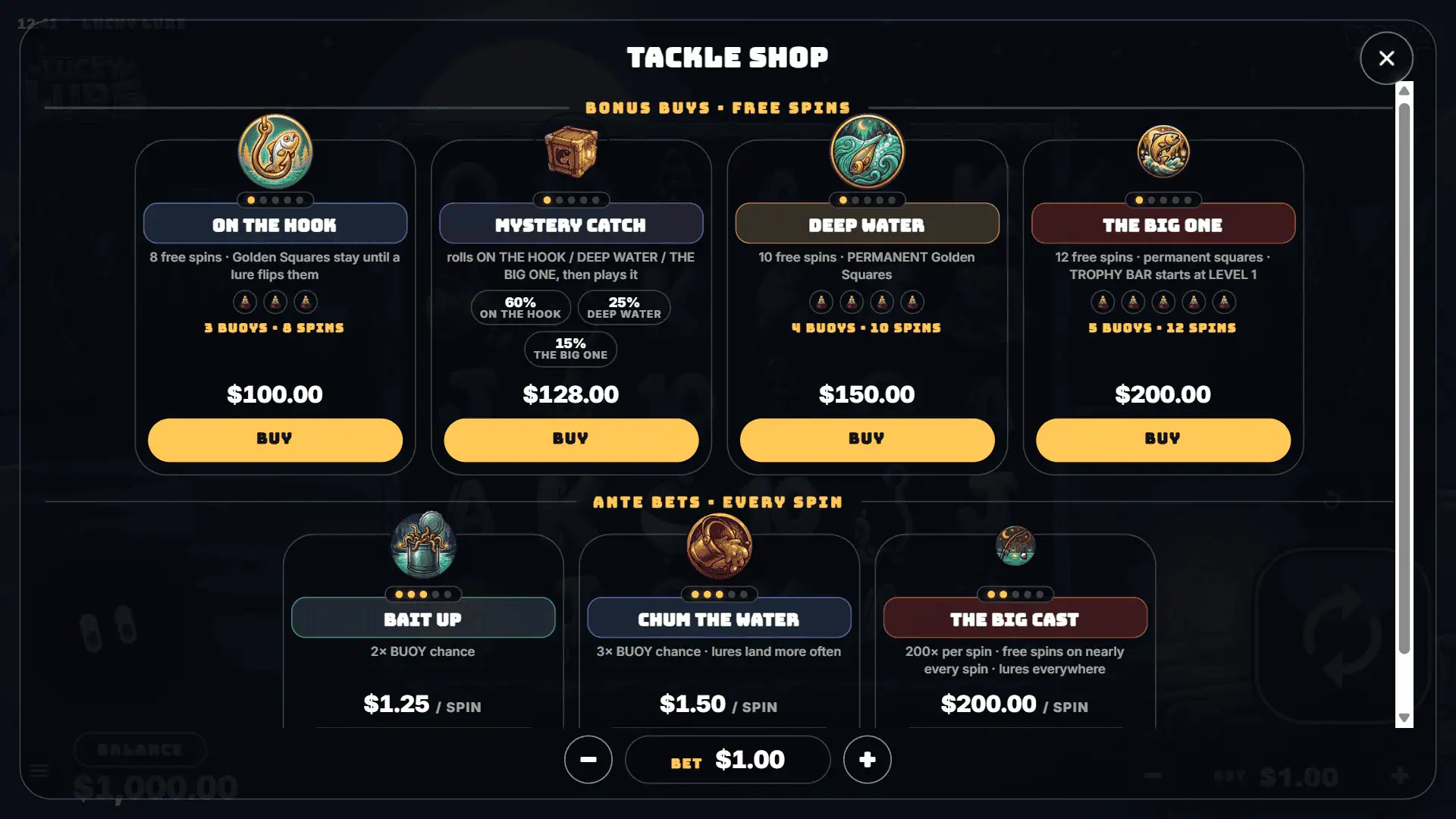 Lucky Lure bonus buy menu