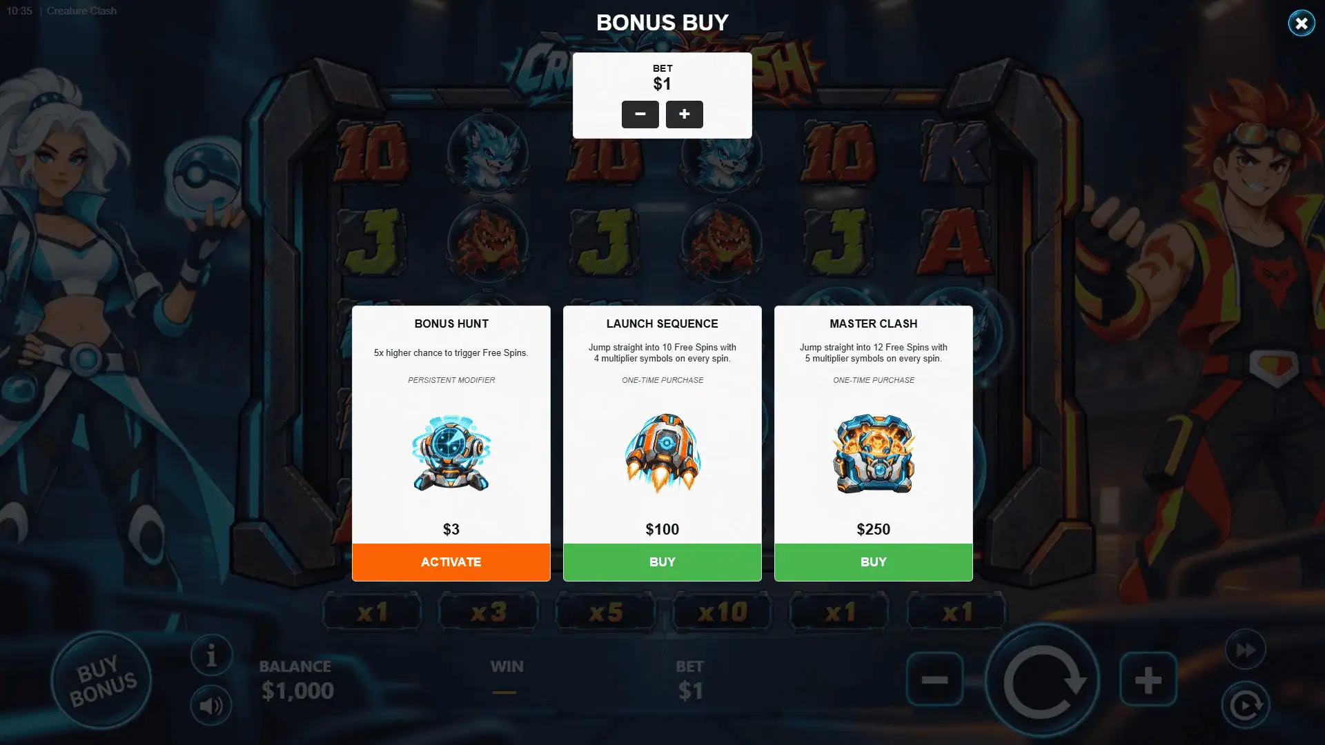 Creature Clash bonus buy menu