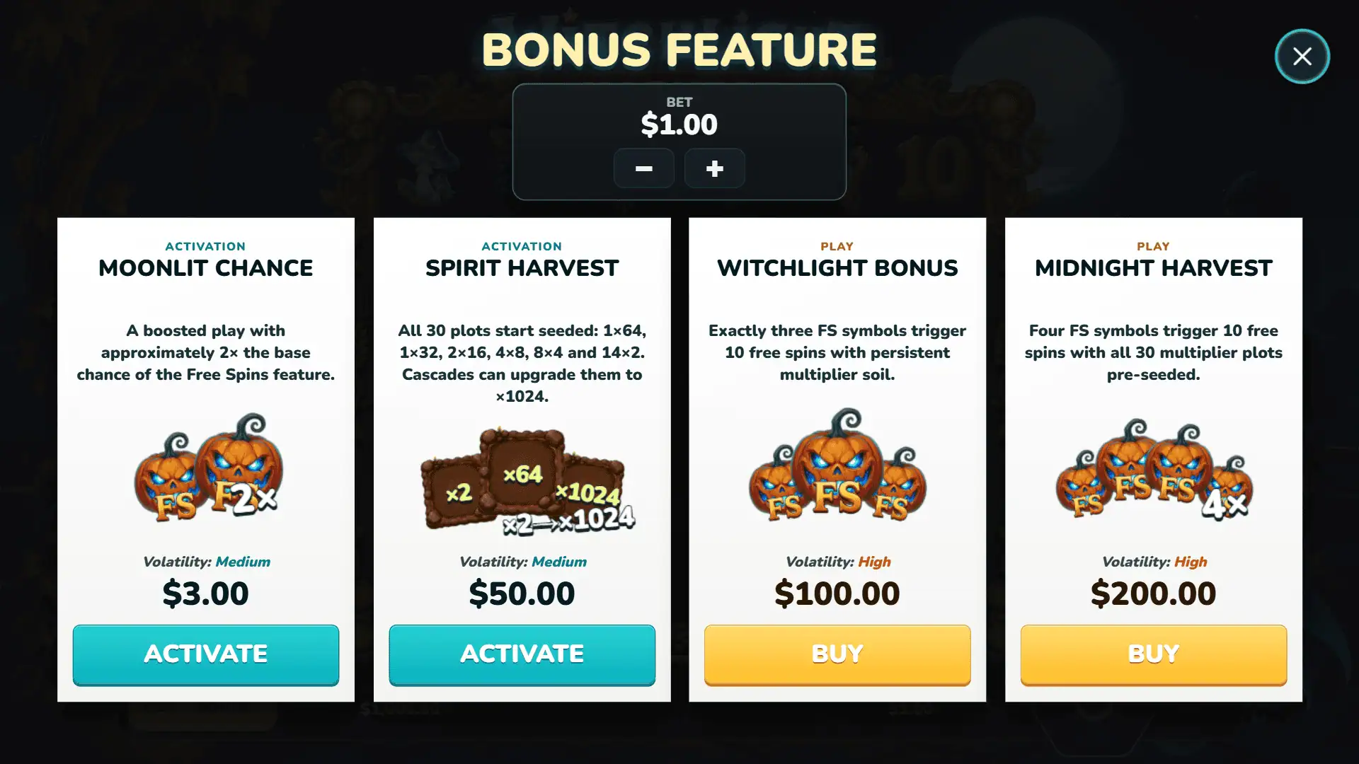 Whitchlight Harvest bonus buy menu