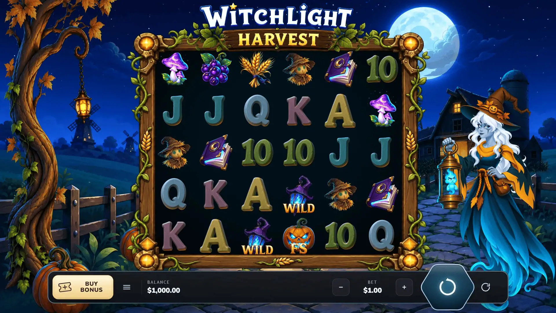 Whitchlight Harvest slot gameplay reels