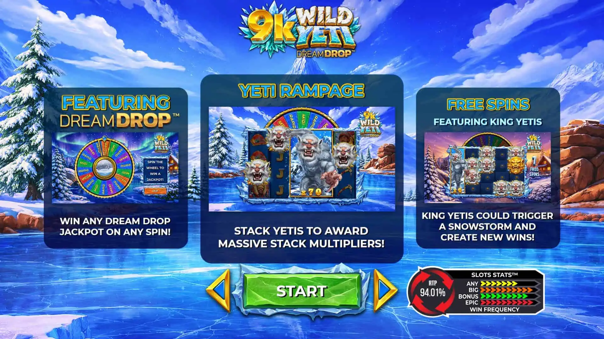 9K Wild Yeti Dream Drop slot intro screen