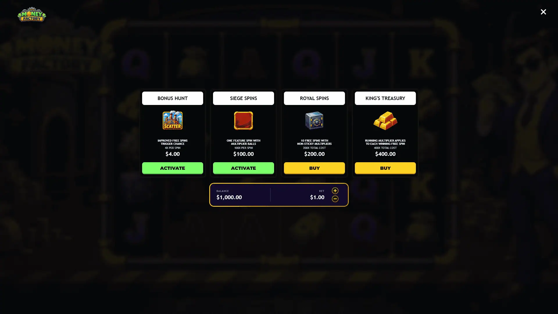 Money Factory bonus buy menu