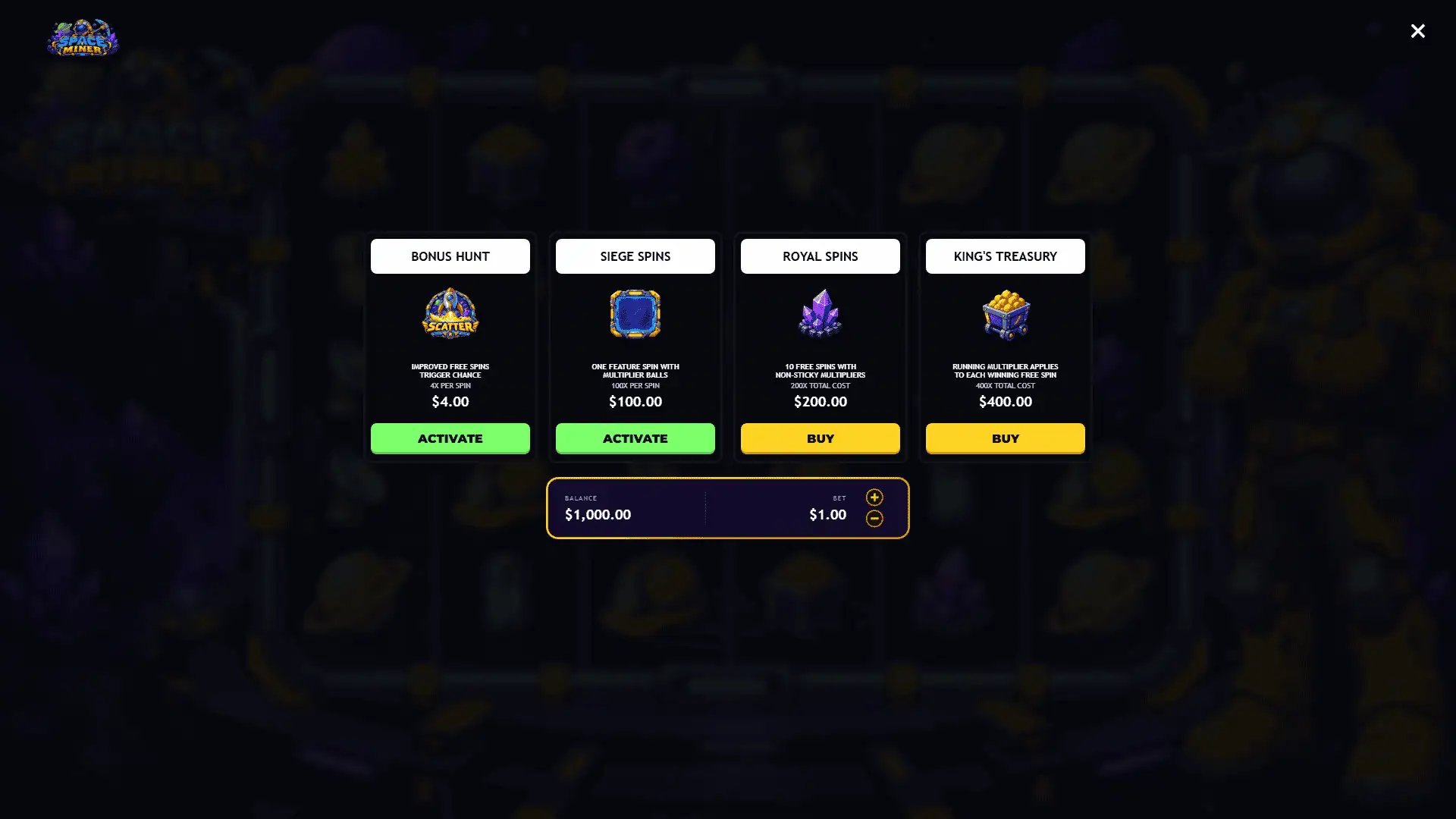 Space Miner bonus buy menu