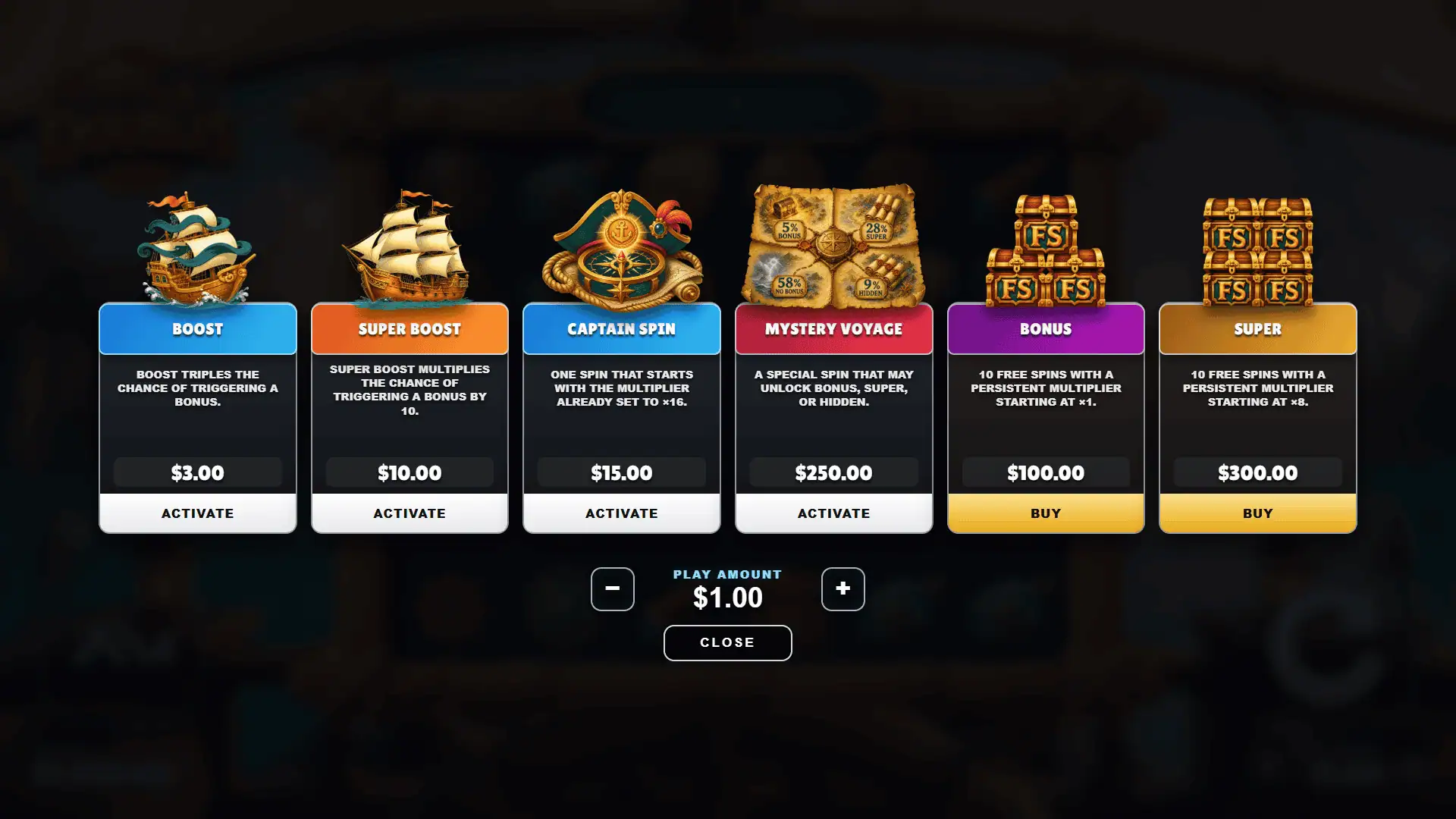 Captains Doubles bonus buy menu