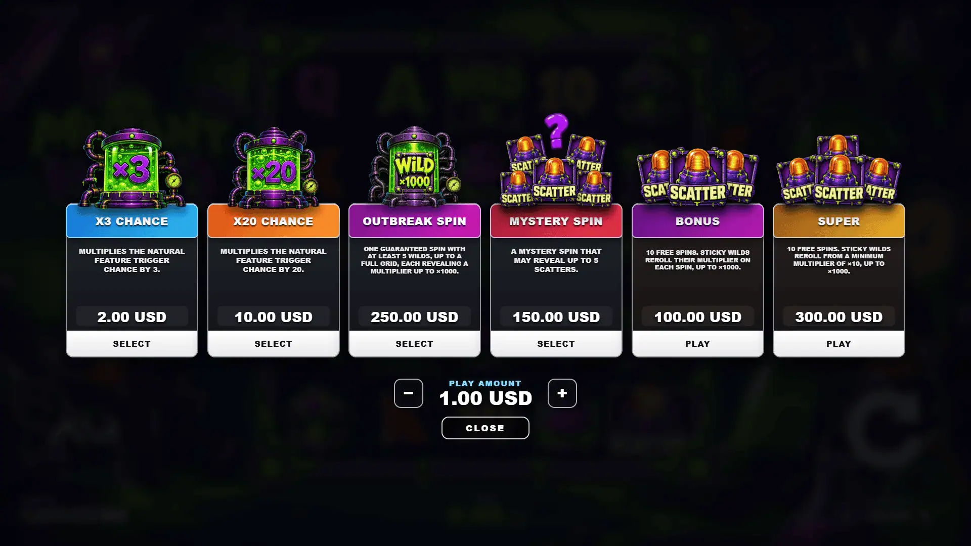 Mutant Wild bonus buy menu