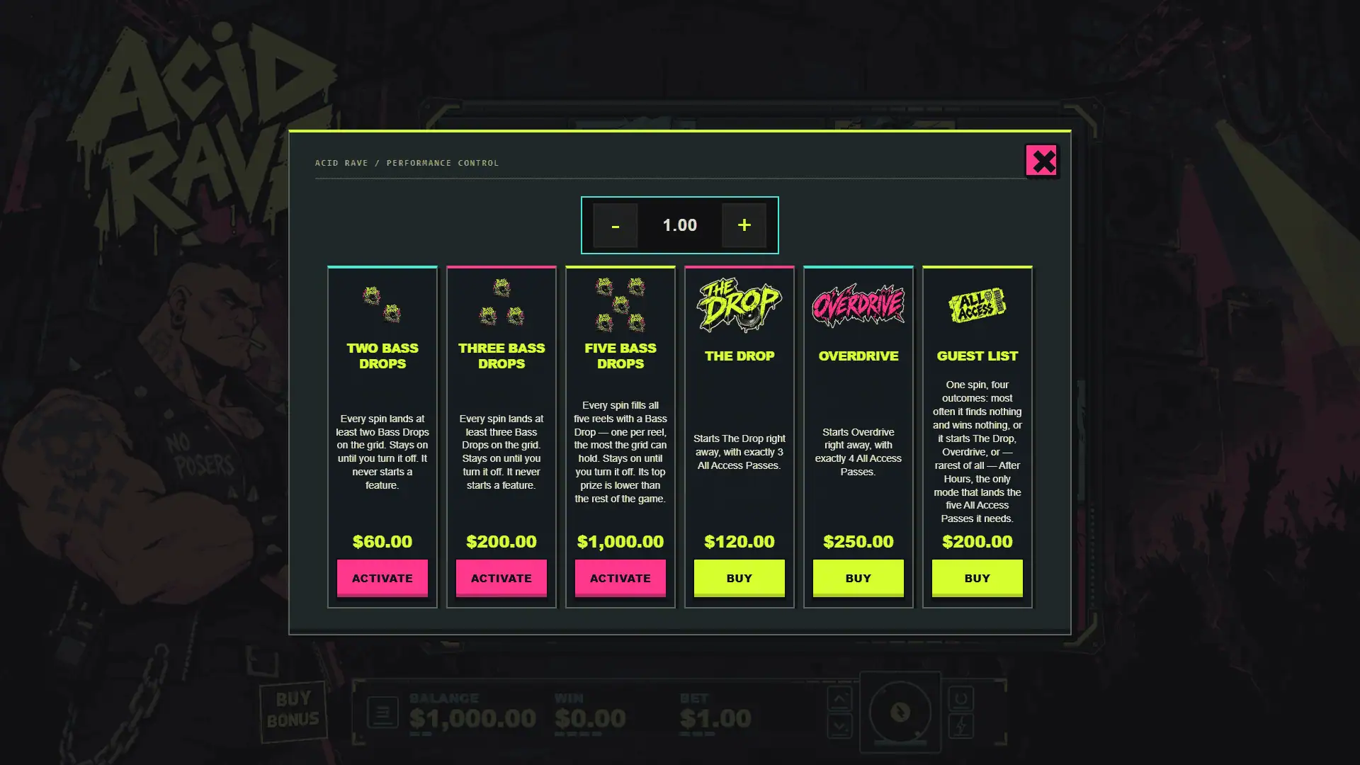 Acid Rave bonus buy menu