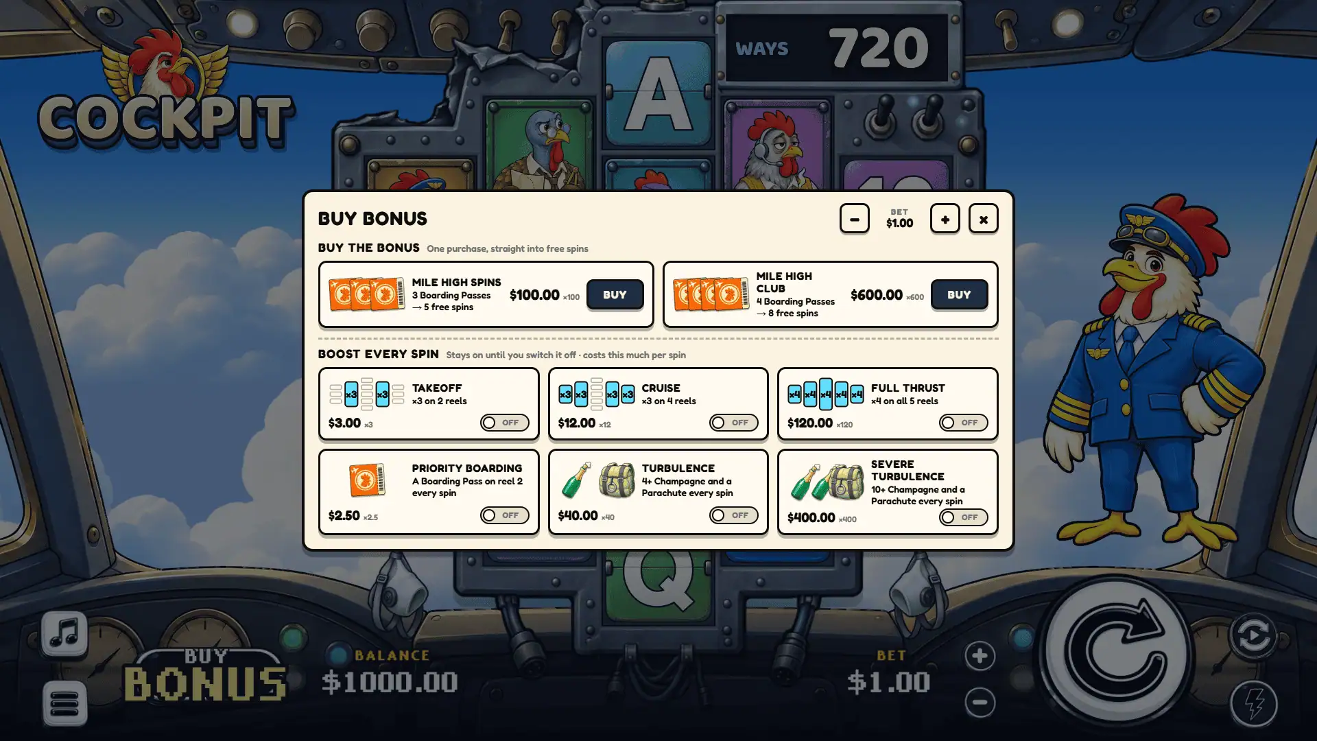 Cockpit bonus buy menu