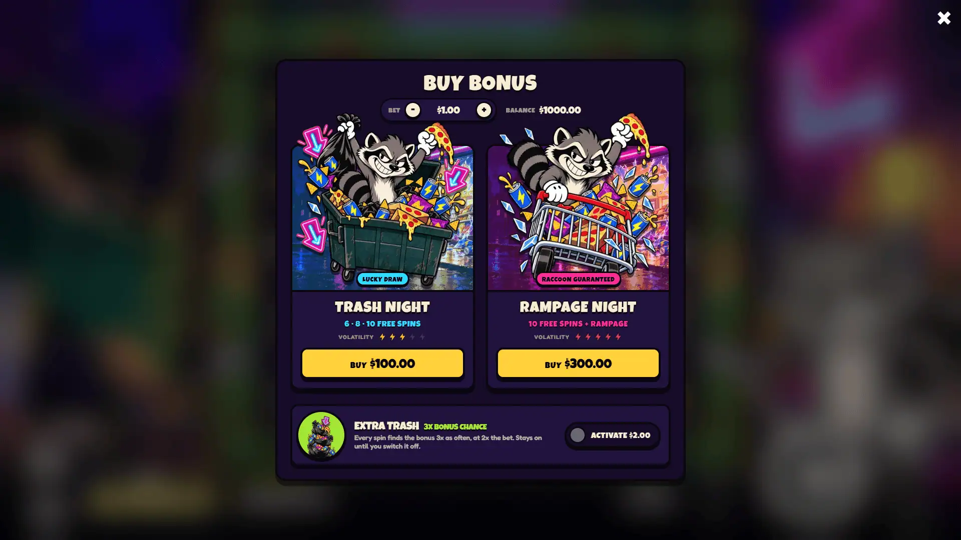 Racoon Rampage bonus buy menu