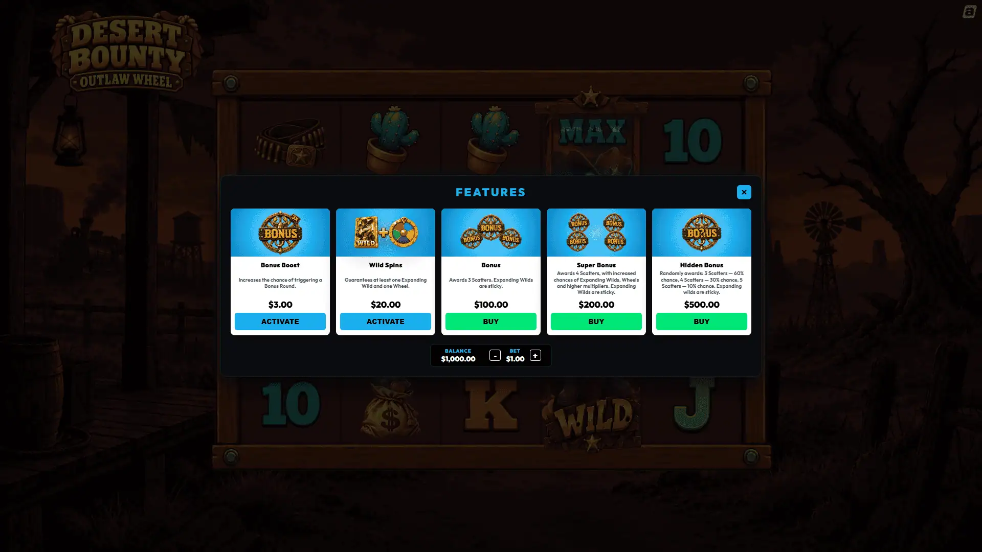 Desert Bounty Outlaw Wheel bonus buy menu