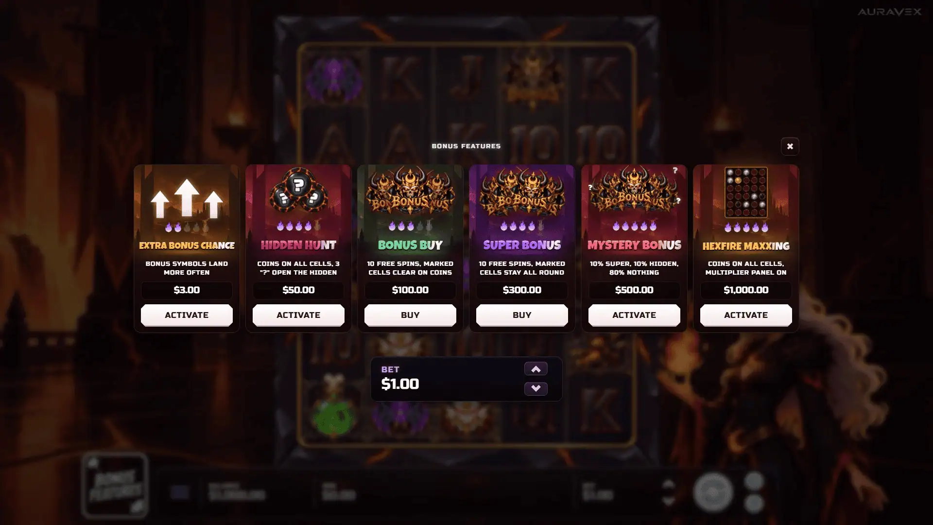 Hex Forge bonus buy menu